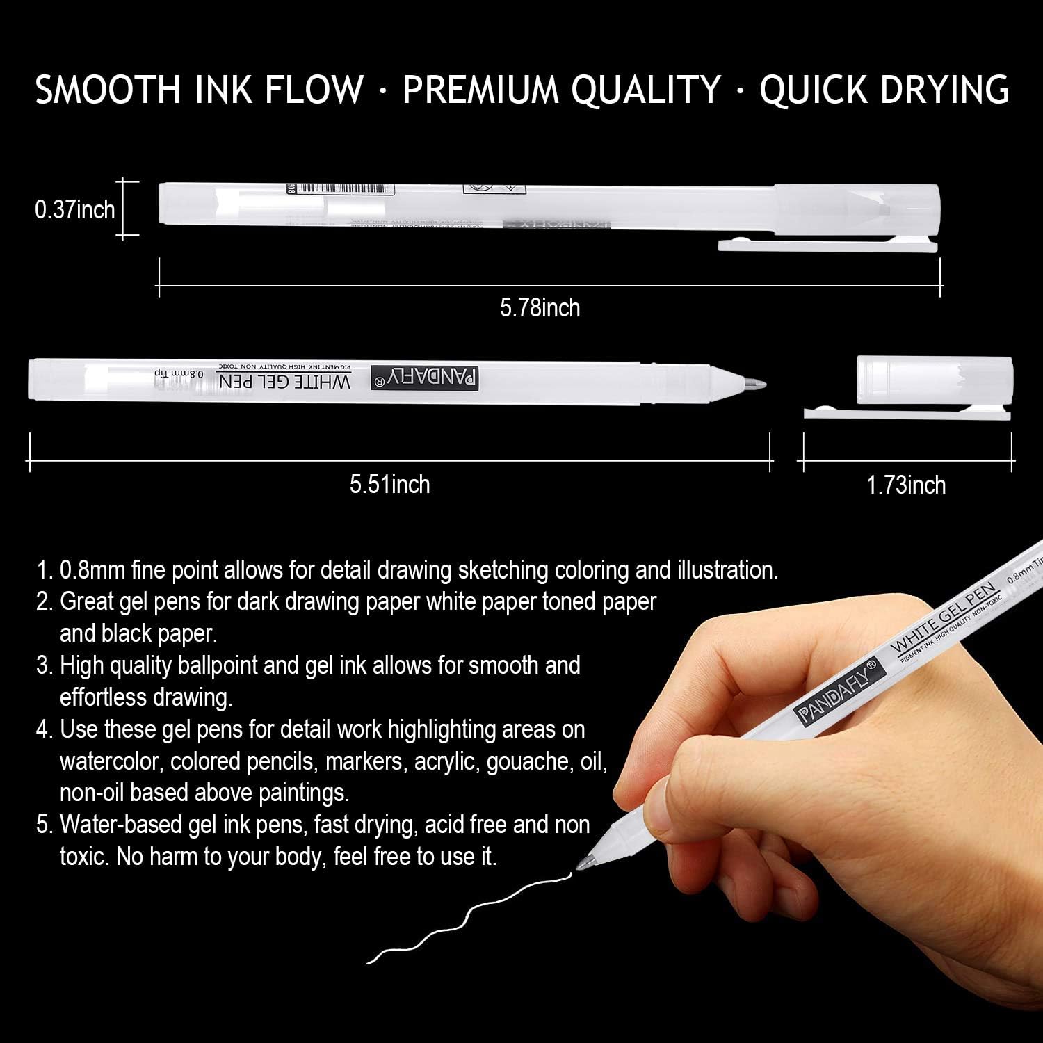 PANDAFLY White Gel Pen Set - 0.8 mm Extra Fine Point Pens Gel Ink Pens for Black Paper Drawing, Sketching, Illustration, Card Making, Bullet Journaling, Pack of 8