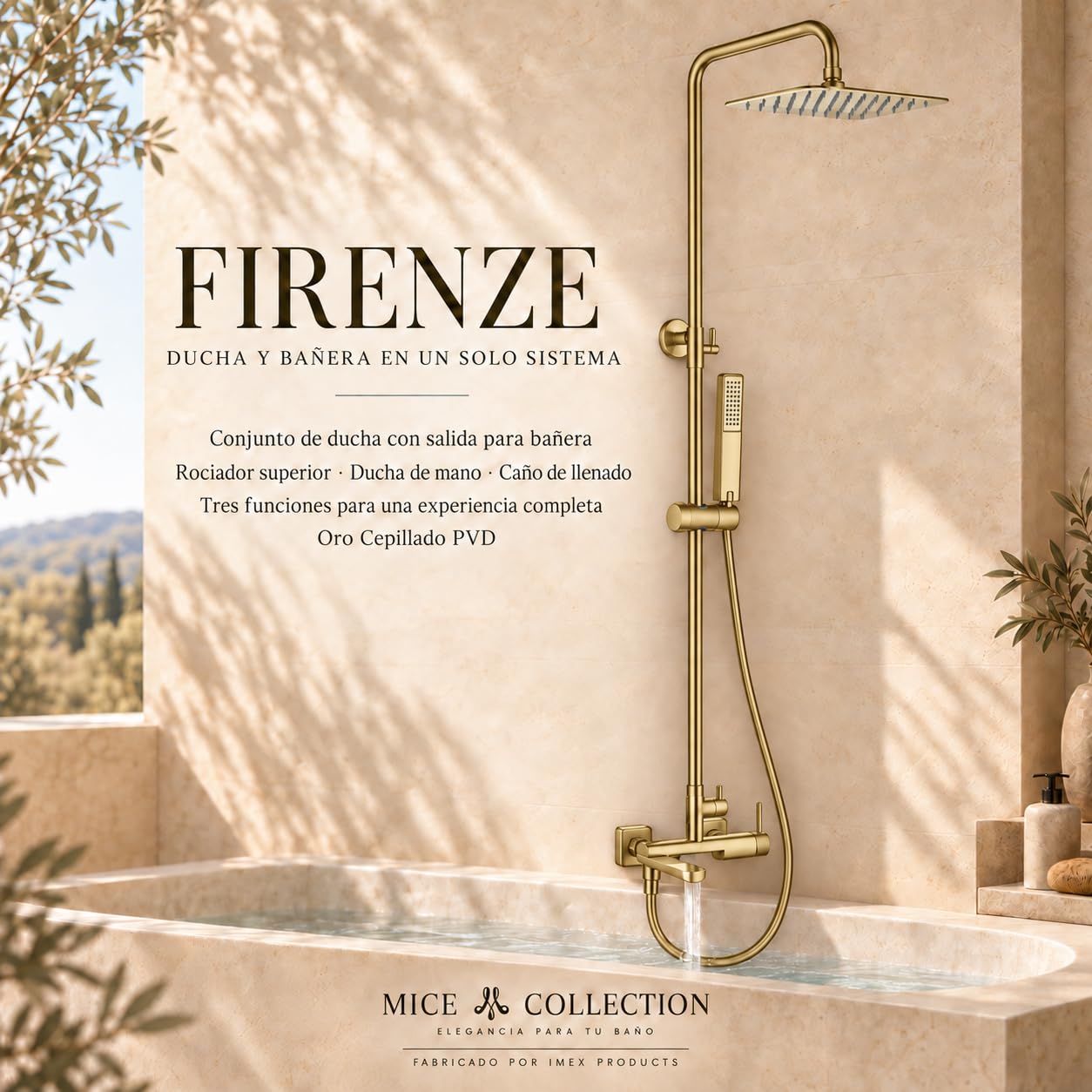 Columna de ducha para bañera monomando Firenze Oro Cepillado PVD