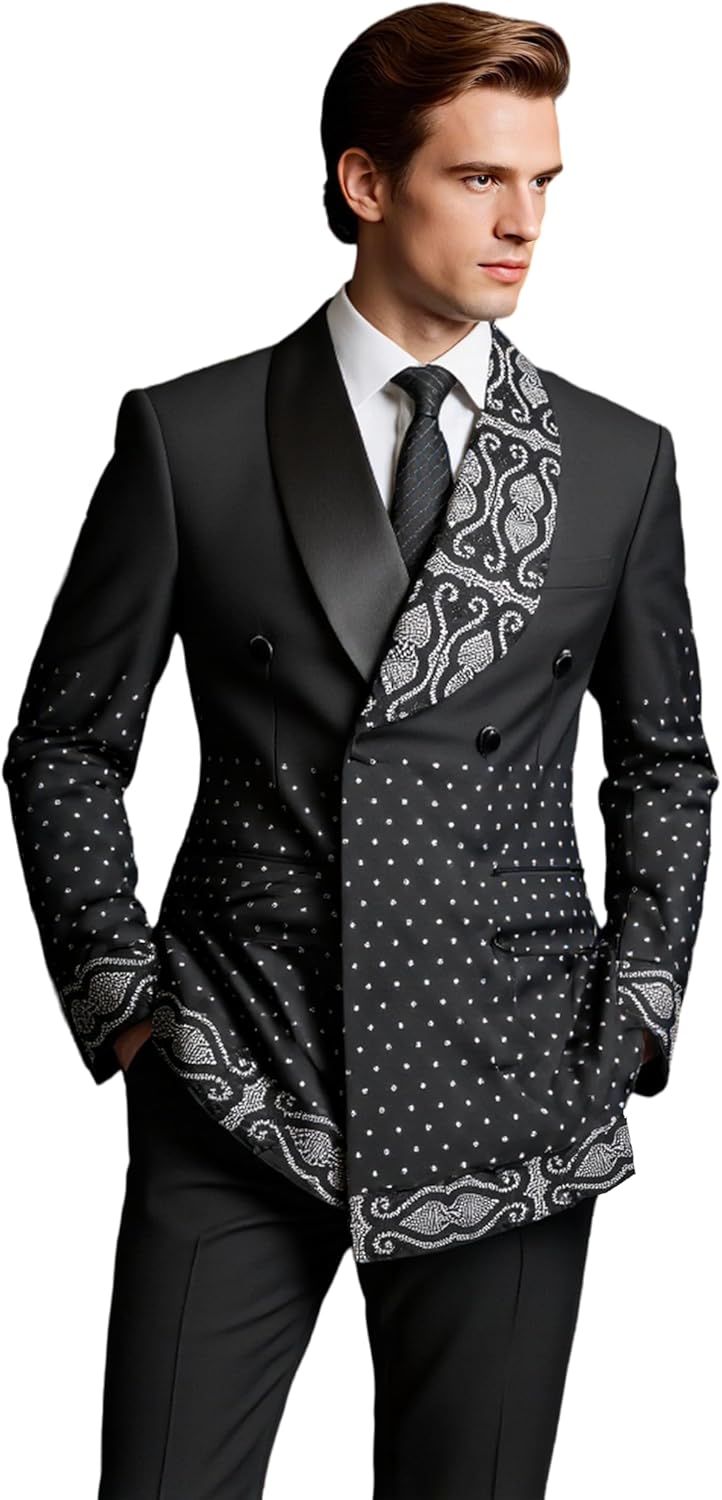 Men's Black Double Breasted Suit Set with Crystal Rhinestone Embellished Shawl Lapel and Cuffs Tuxedo Set - Image 5