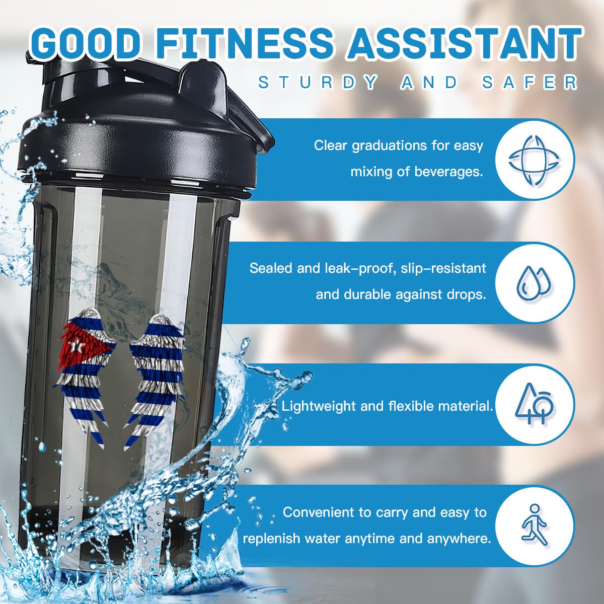 Wings Cuba Flag 18 Ounce Shaker Bottle Drink Mixer Leak-proof Pre Workout Protein Shakes Meal Replacement Shakes Bottles 500ML/18 Oz Black
