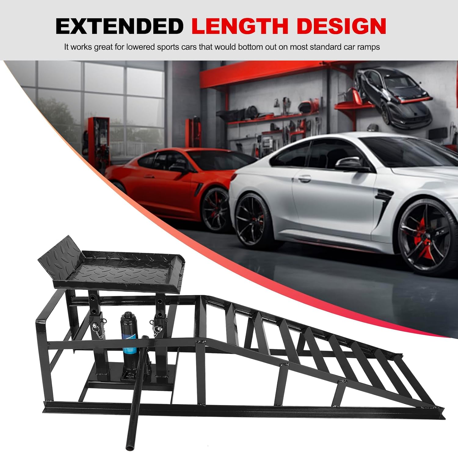 1 Pack Heavy Duty Steel Car Lift Ramp，Low Profile Car Lift Service Ramps Truck Trailer Garage 5T 11050lbs，Adjustable 9.8-15 Inch Height Hydraulic Vehicle Ramp―Black