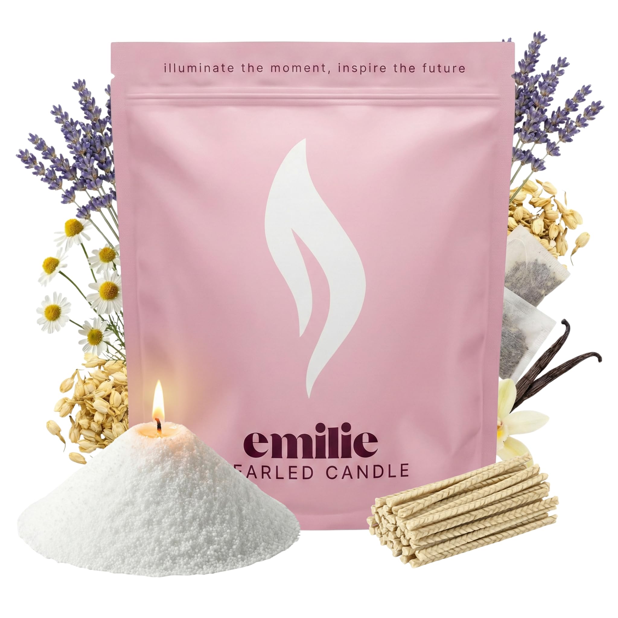 Emilie Pearled Candle 1kg Refillable Wax Pearls – Sweet Dreams Scented Candle for Any Container – Self-Extinguishing, Plant-Based, Reusable – 50 Cotton Wicks, 200h Burn (White Natural)