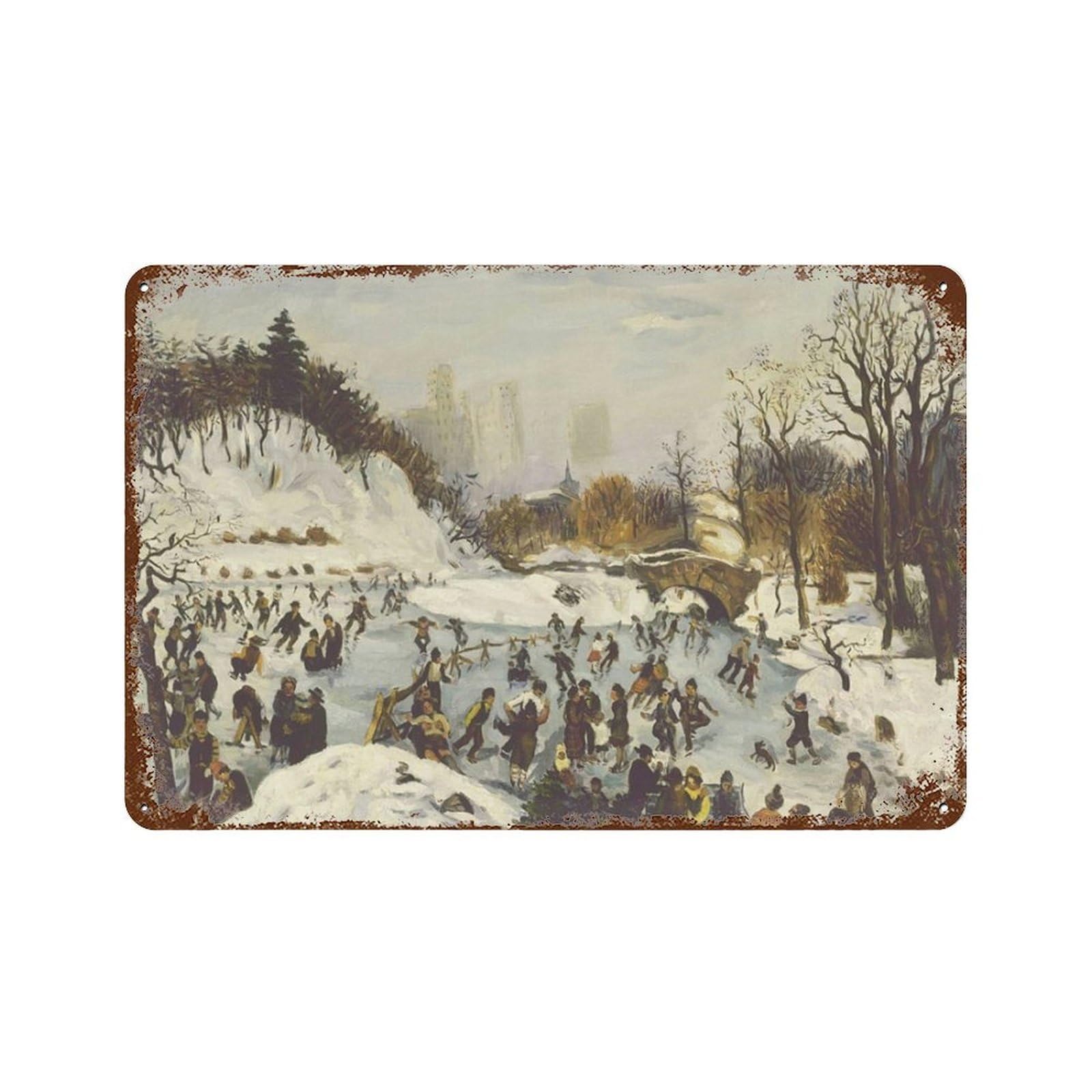 xiaoxiaoshen Ice Skating, Vintage Christmas, Winter Central Park New York Painting, Wall Decor Art Metal Tin Poster Modern Home Decor Art Home Bar Shop Decorations Vintage Sign 20x30cm