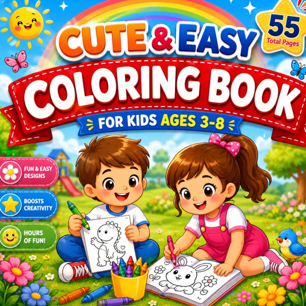 Cute & Easy Coloring Book for Kids: Fun & Simple Designs for Kids Ages 3–8 | 55 Coloring Pages