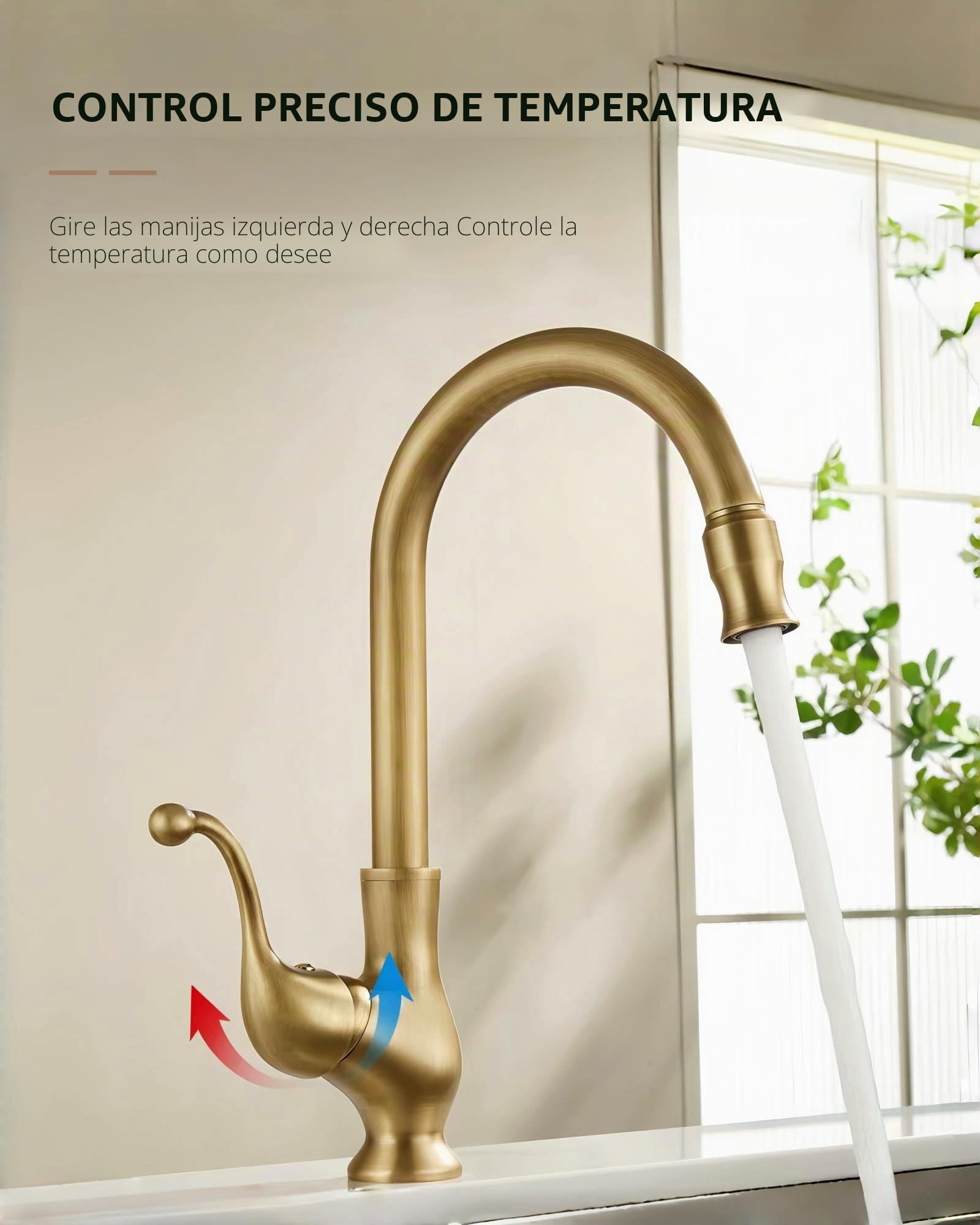 Grifo Cocina Alto Latón Antiguo, Mezclador Monomando Fregadero Bronce Retro, Giratorio 360° Griferia Lavabo Baño Cobre con Caño Alto de Arco