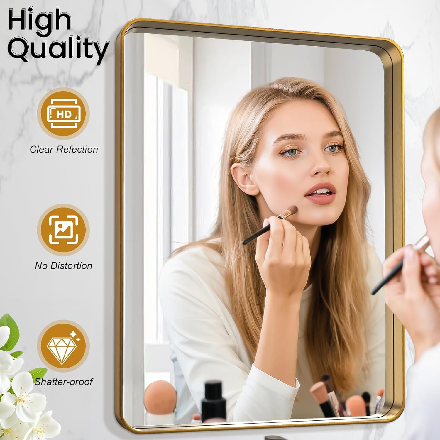 28x36 Inch Large Brushed Gold Bathroom Mirror, Premium Aluminum Anti-Rust Frame, HD Wall Mounted Decorative Mirror, Oversized Rectangle for Double Vanity and Master Suite