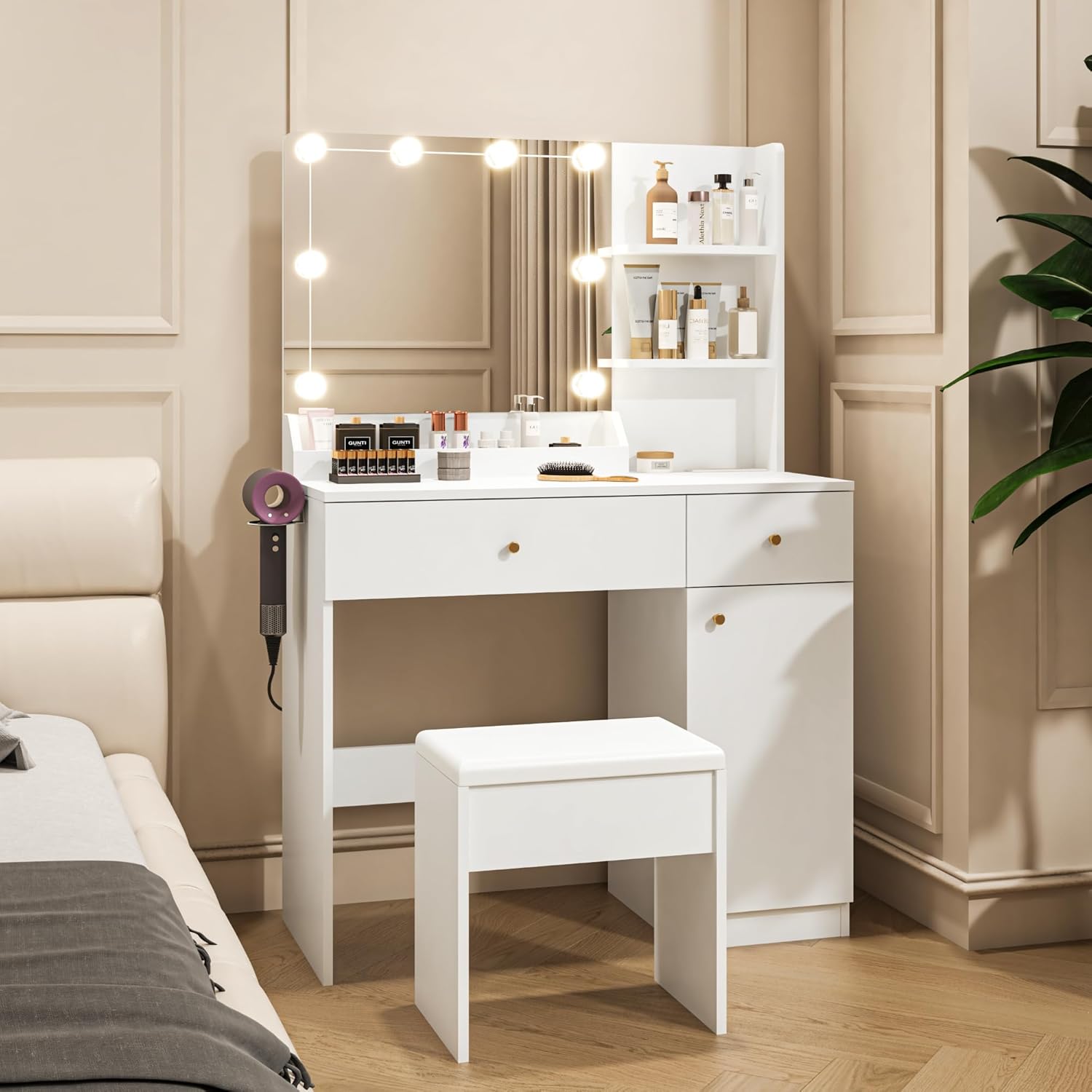 Vanity Desk with Mirror and Lights Dimmable LED Makeup Vanity Table with Drawers Side Cabinet 3 Storage Shelves Power Outlet Dressing Table Set include Holder Cushioned Stool for Bedroom(white)