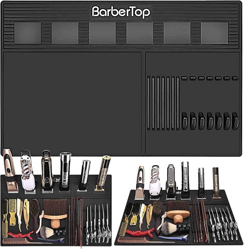 Tapete magnético para barbeiro BARBERTOP com 6 ímãs e compartimentos, preto, 49,53 cm x 32 cm, silicone