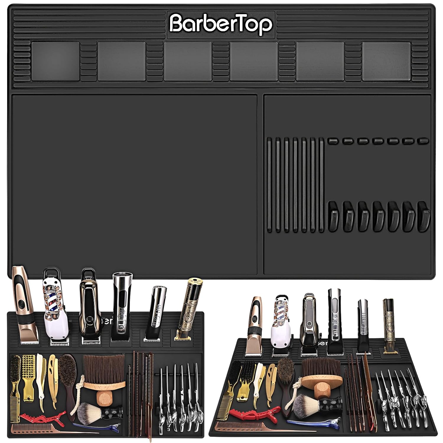 Magnetic Barber Mats for Clippers, with 6 Magnets & Dedicated Slots - 19.29"x12.6" Anti-Slip Heat Resistant Barber Station Organizer Mat, Scissors, Combs & Salon Tools Pad for Grooming Table Tray