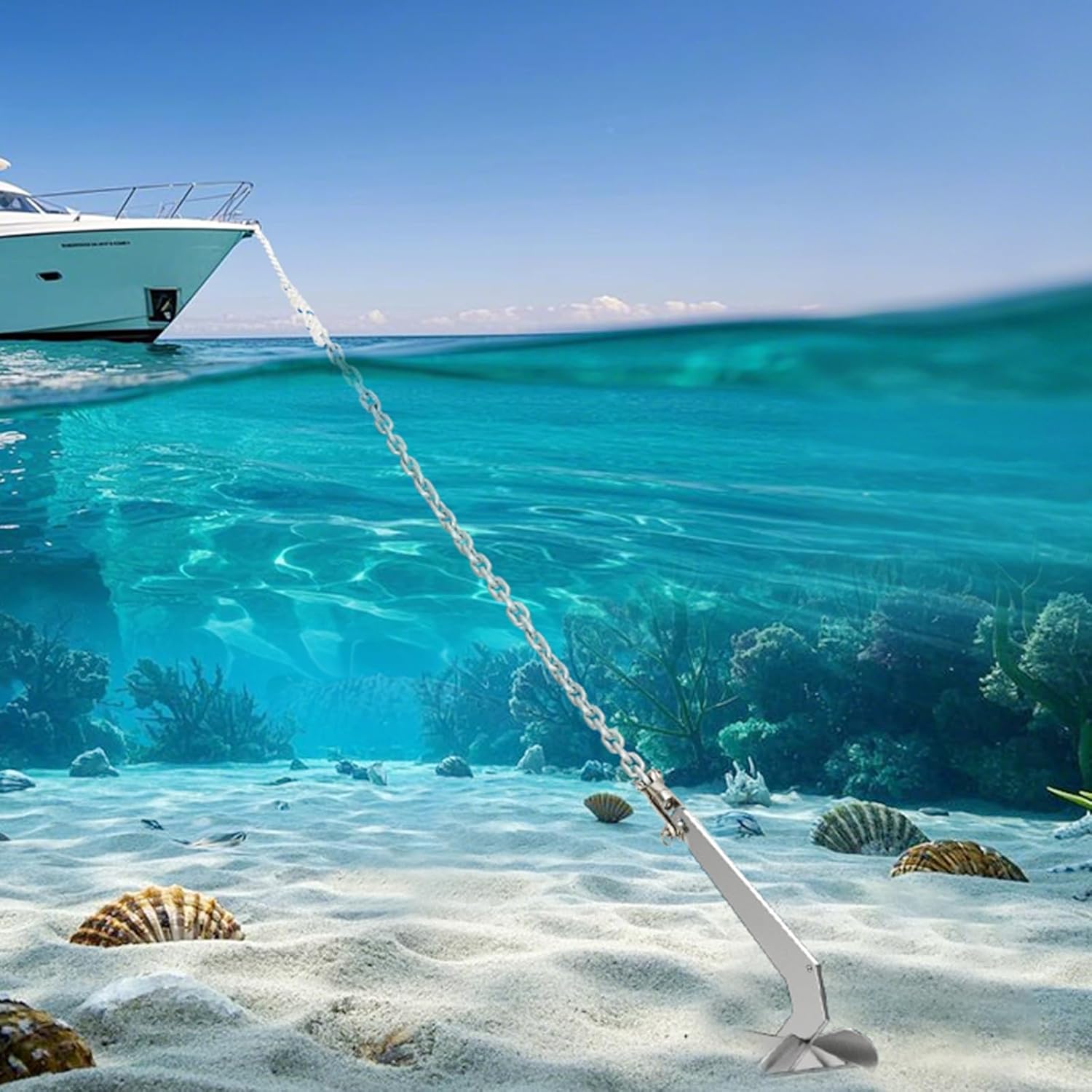 Boat Anchor Kit Galvanized Steel Delta Anchor, HT G4 Short-Link Marine Chain, 3-Strand Nylon Rope, Swivel Connector for Boat Fishing, Sailing18 20 21 22 23 24 25 26 27 28 32 35 38 FT Boats