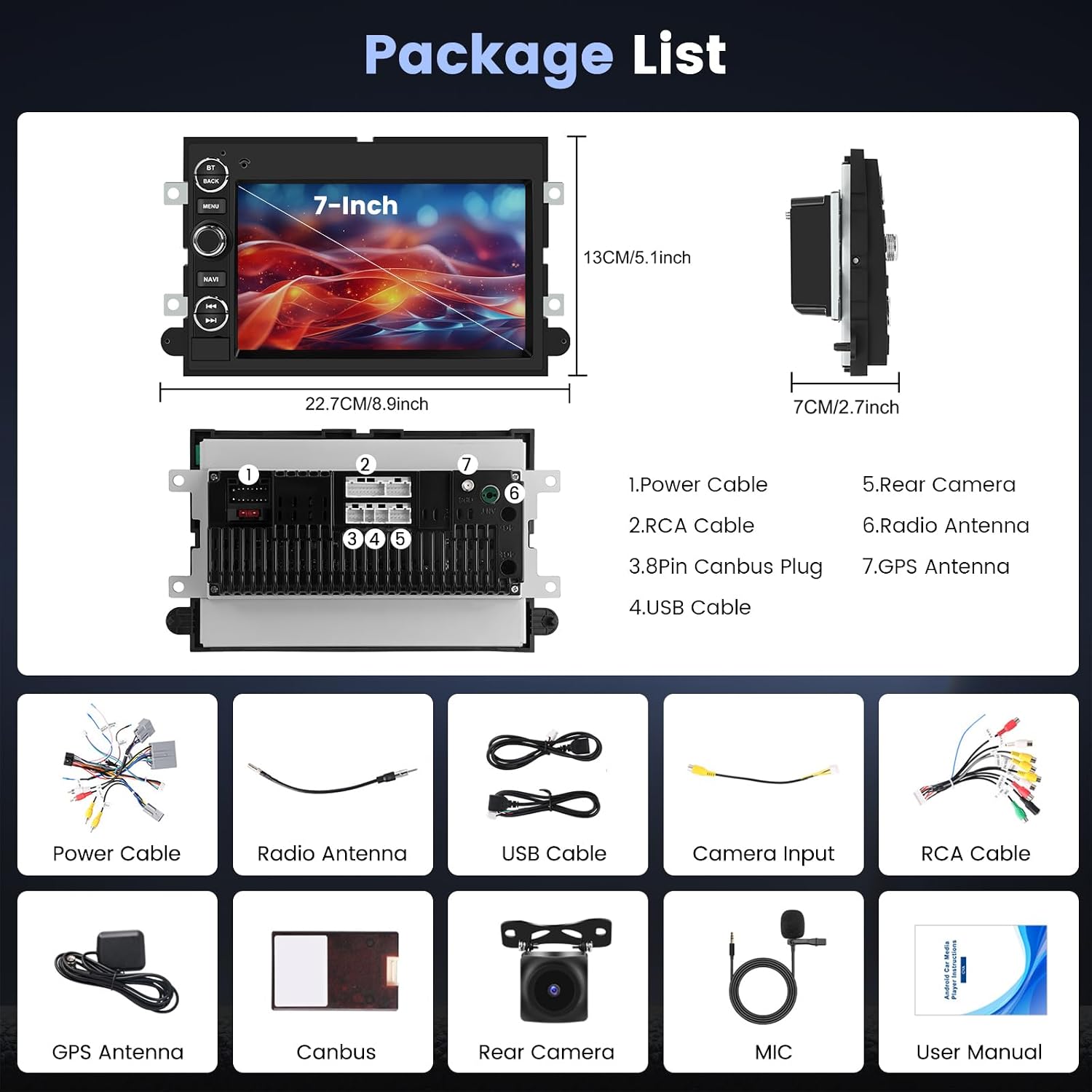 Diagram showing the dimensions of the Roinvou 7-inch car radio and a list of all included components in the package.