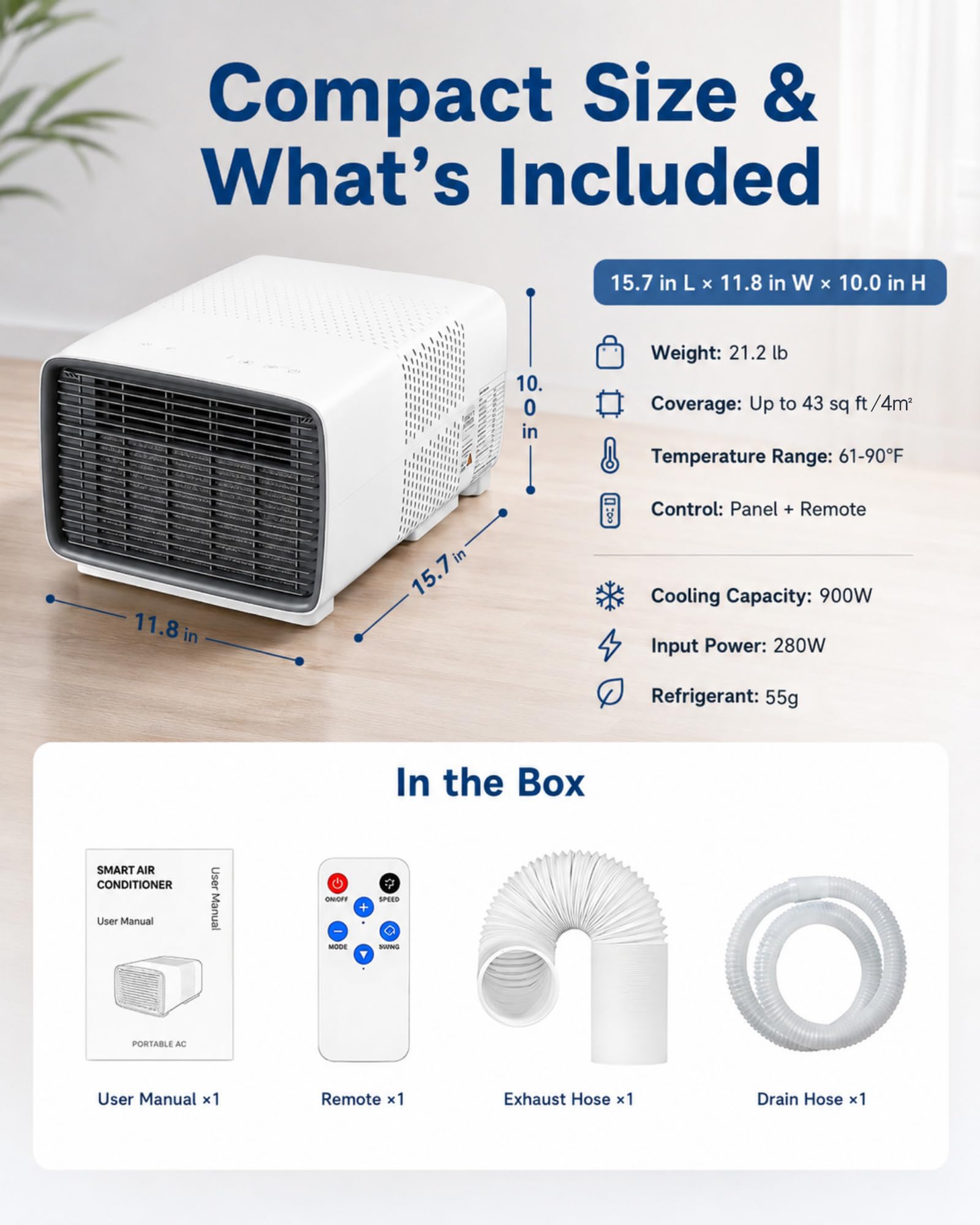 Mobile Klimaanlage für Schlafzimmer und Büro, 900W Kühlleistung, 280W Eingangsleistung, 45 dB Leise, 1-12H Timer, Digitalanzeige, Fernbedienung, Kühlen Trocknen Lüften