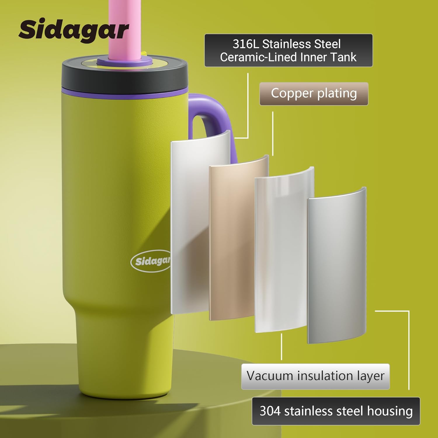 36 oz Tumbler with Handle and Straw, Ceramic Lined Water Bottle Vacuum Insulated Cup, Stainless Steel Travel Mug with Lid,Fits Cup Holder, Leak Resistant Press-in Lid, Green - Image 7