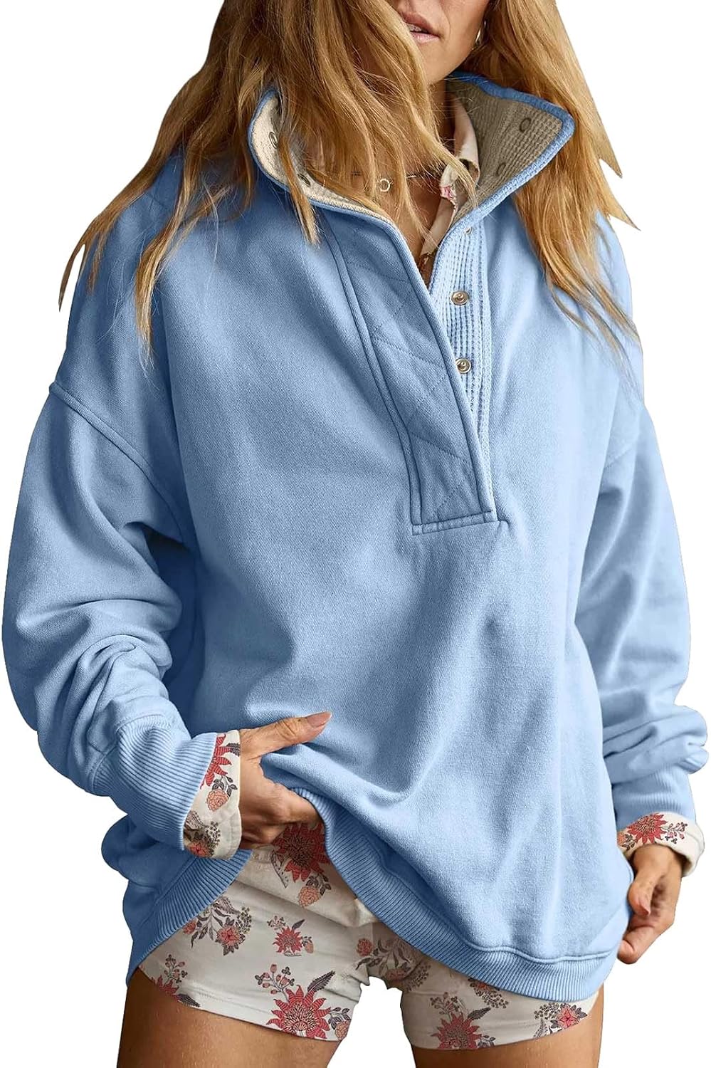 Sweatshirt for Women Oversized Casual Long Sleeve Button Henley Neck Pullover Tops Loose Fit Teen Girls Outfits Clothes