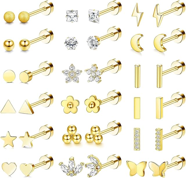MILACOLATO 18Pairs 18G Stainless Steel Tiny Stud Earrings for Women Men Star Triangle Moon Heart Ball CZ Stud Earrings Cartilage Helix Tragus Stud Earrings Flatback Studs Earrings Piercing Set