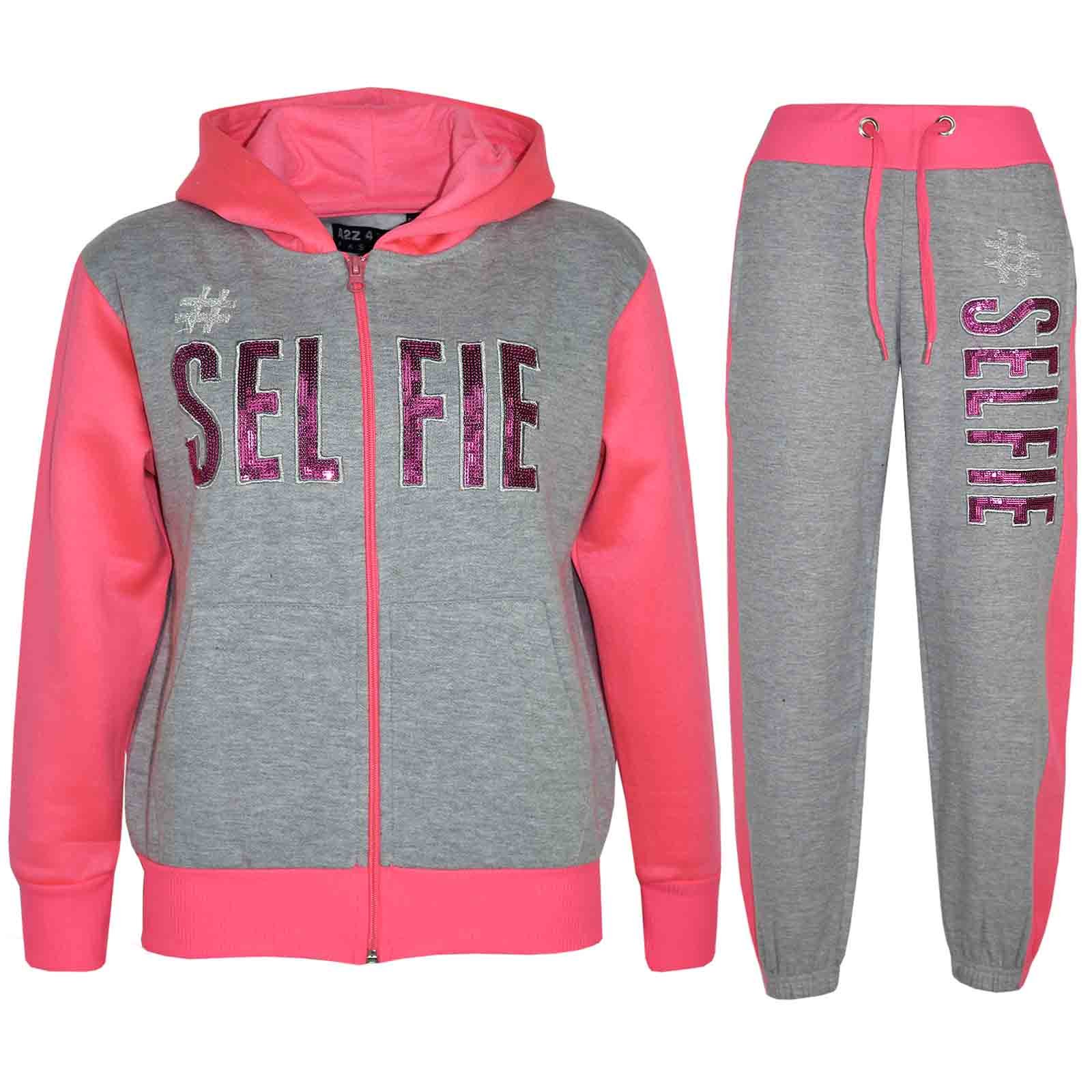 A2z 4 Kids Grey & Neon Pink #Selfie Tracksuit Sequin Embroidered Hoodie - T.s #Selfie 13