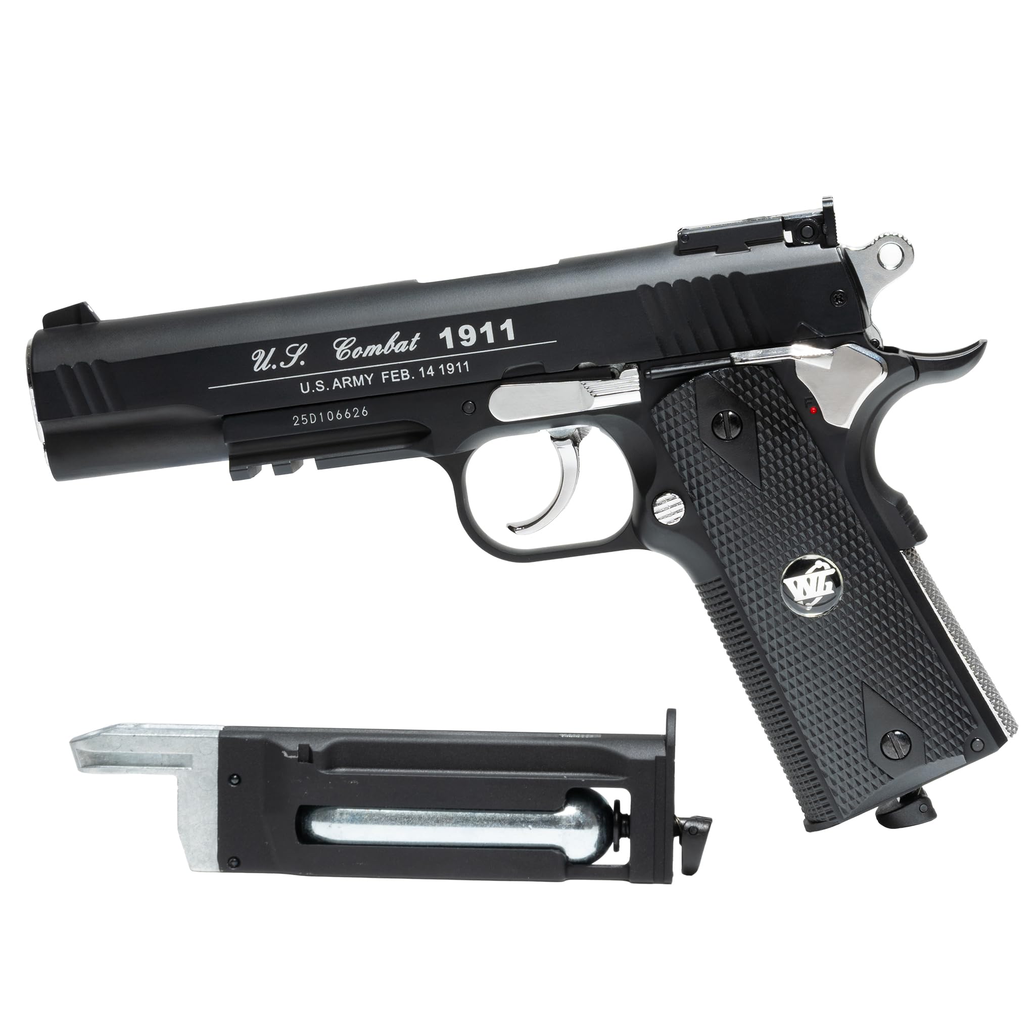 Pistola Softair WG Combat 1911 CO2 Full Metal, Pistola a Pallini Scarrellante con 10 Bombolette CO2, 1000 Pallini 6mm, Pistole Softair, Airsoft, colore nero