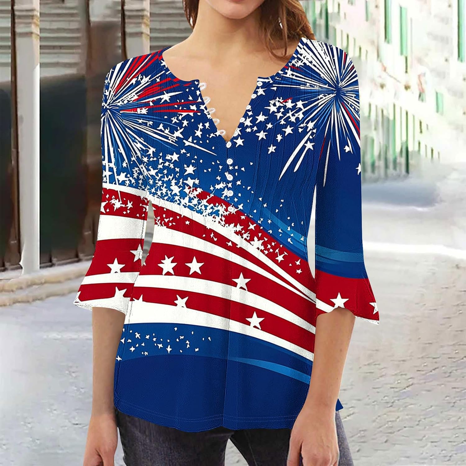 Women's 4th July Patriotic T Shirts Flare 3/4 Sleeve Button V Neck Casual Tops Independence Day Printed Ruched Tees