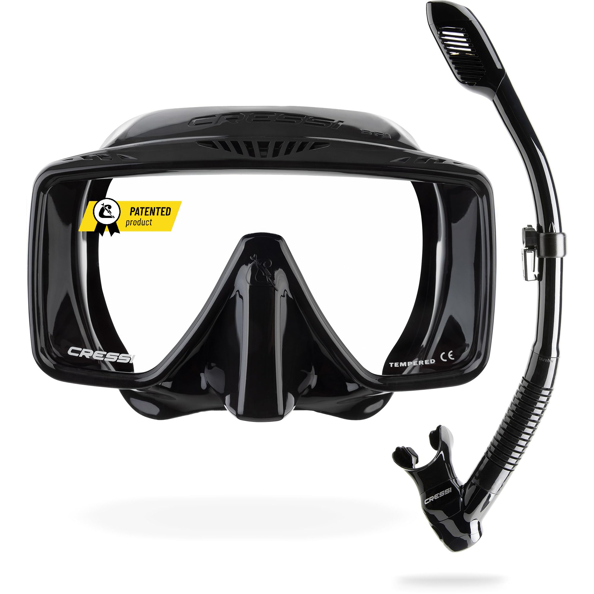CRESSI since 1946 - SF1 & Dry Combo - Square Frameless Mask Set with Tempered Lens + Dry Snorkel ideal for Freediving and Snorkelling, Black/Black, One Size Unisex