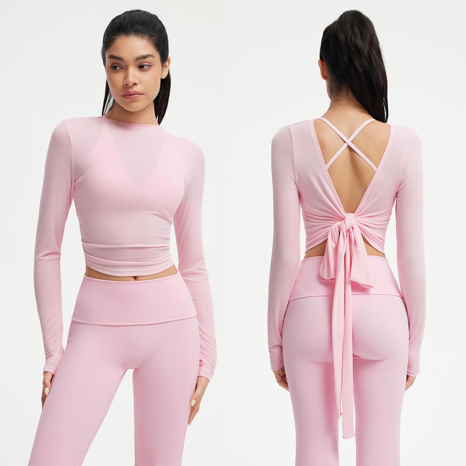 SUUKSESS Women Pilates Wrap Workout Cropped Top Ribbed Long Sleeve V Neck Tie Front Ballet Yoga Shrug Blouse - Image 5