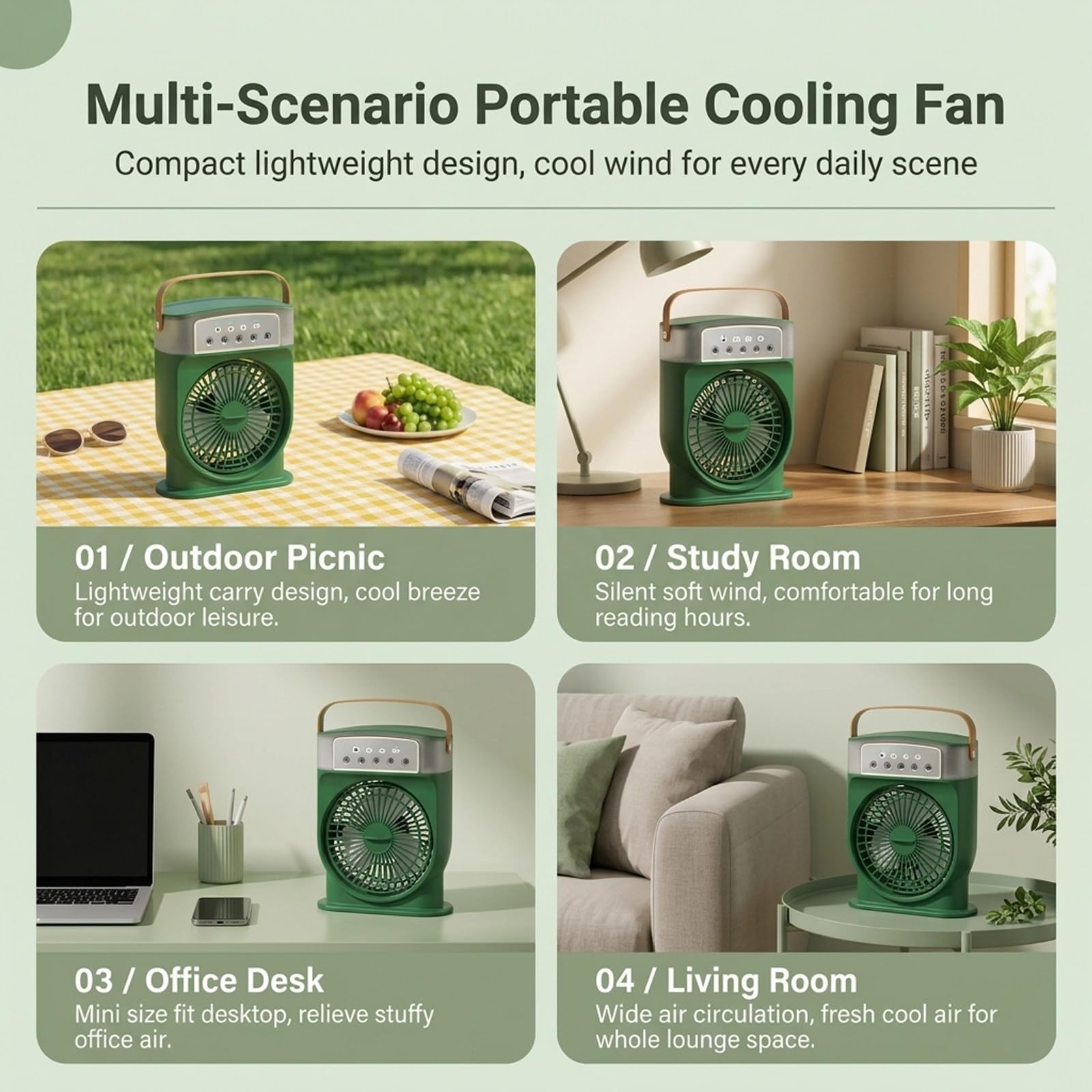 Ventilateur Brumisateur Portable Rechargeable Green | Réservoir D’Eau 600mL, Refroidissement À 3 Vitesses, Design Alimenté Par Batterie, Pour Camping Extérieur Maison Bureau