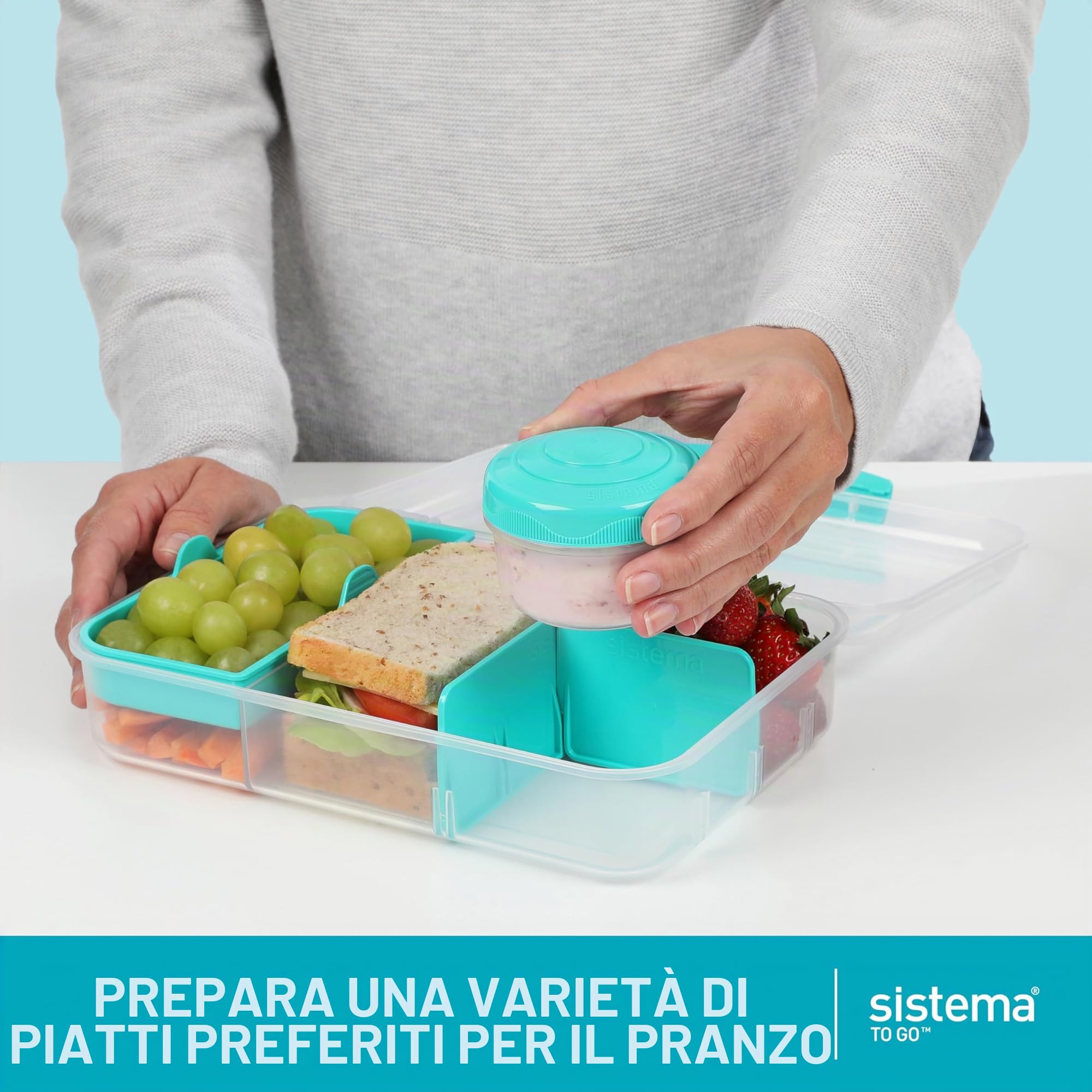 Sistema To Go Bento Box Create | Scatole per il pranzo con scomparti e vaschette per gli spuntini | 1,48 L | Senza BPA | 2 conteggi | Verde menta