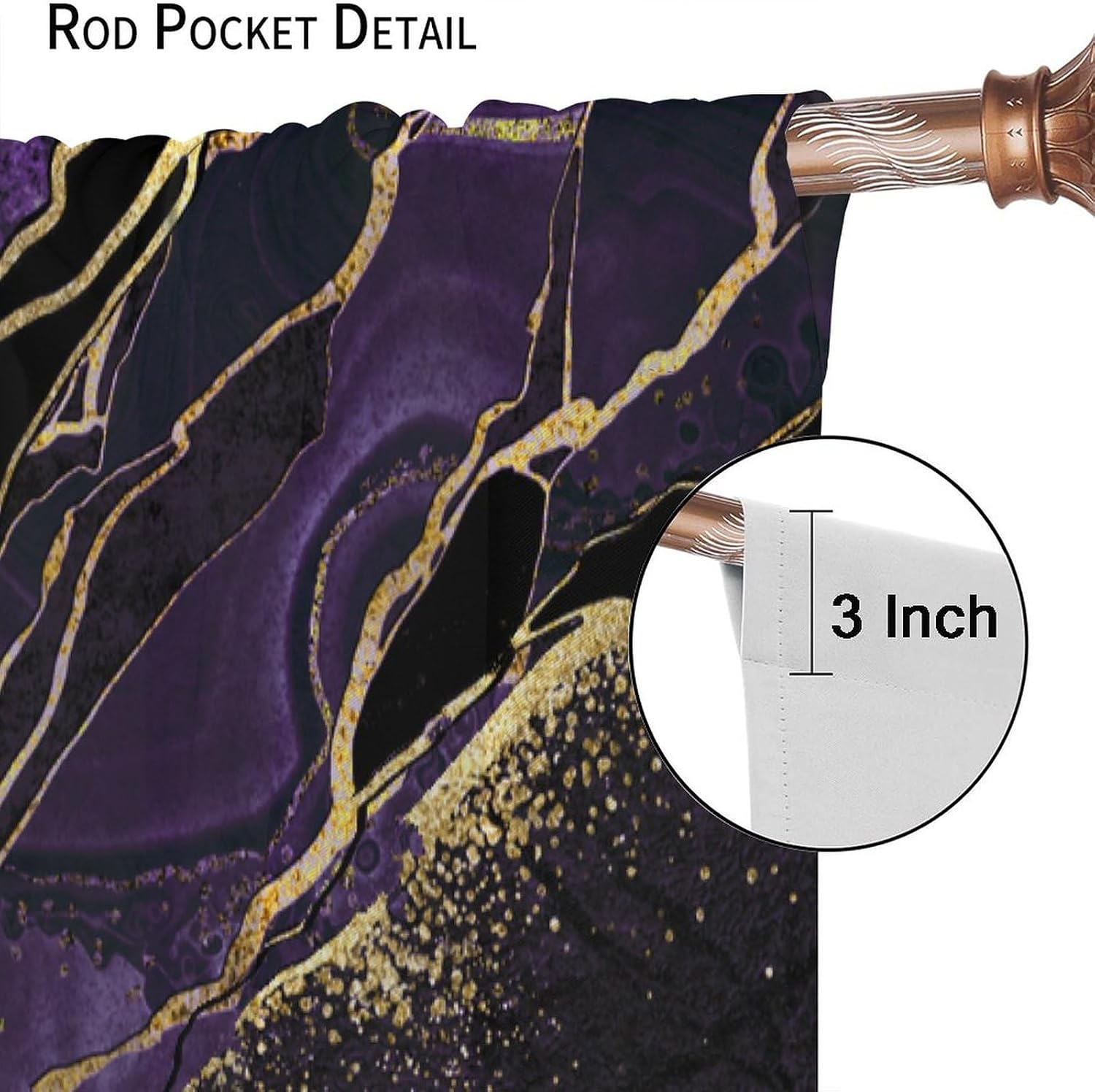 Purple Marble Curtains, Abstract Modern Luxury Gold Cracked Lines Black Mysterious Printed Blackout Window Drapes for Women Girls Bedroom Living Room 42x45 Inch