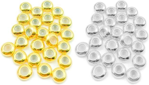 50Pcs Brass Rubber Beads Stopper Positioning Spacer Adjustable Slider Clasps Round Beads Insert for Bracelets Jewelry Makings Gold and Silver 6mm