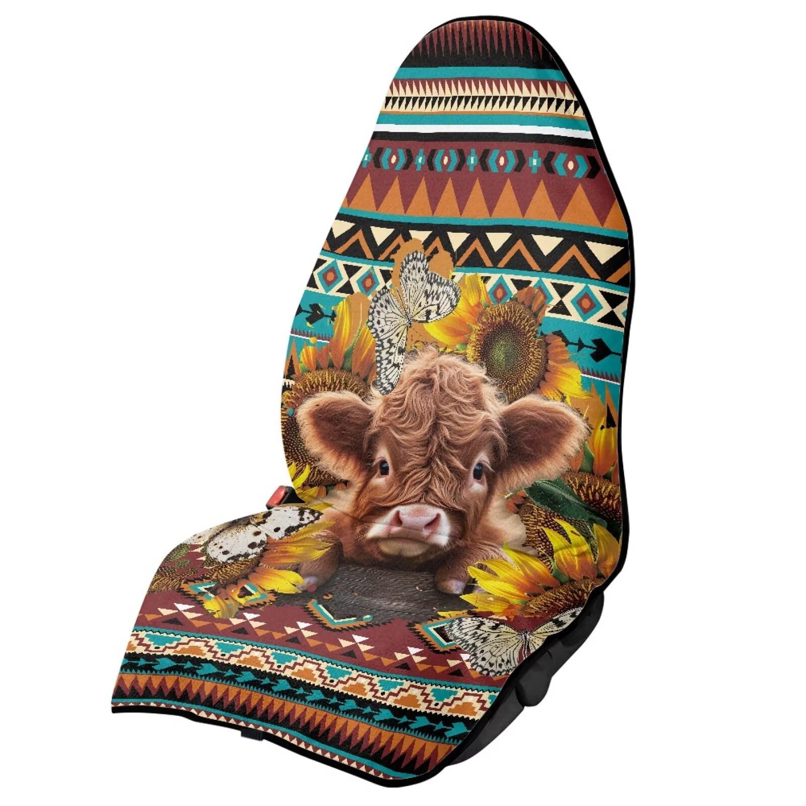 Aztec Highland Cow Car Seat Towel Cover Front Car Seat Covers Universal Front Seat Cover Waterproof Soft Auto Seat Covers Anti-Slip Universal Fit for Auto Truck Van SUV