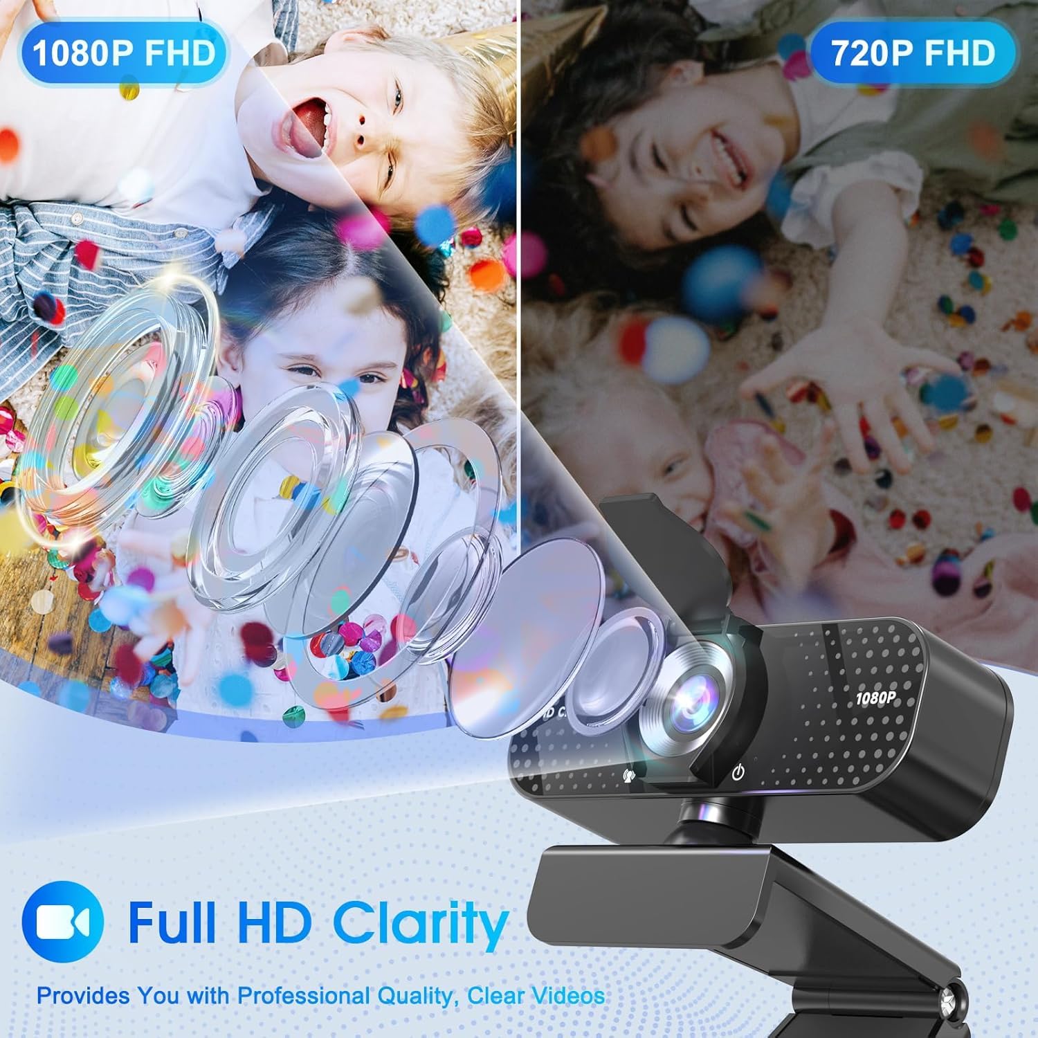 TRAUSI Webcam HD 1080P con microfono, cancellazione del rumore, copertura della privacy, obiettivo grandangolare, correzione automatica della luce, webcam USB Plug & Play per laptop, desktop, PC, Mac