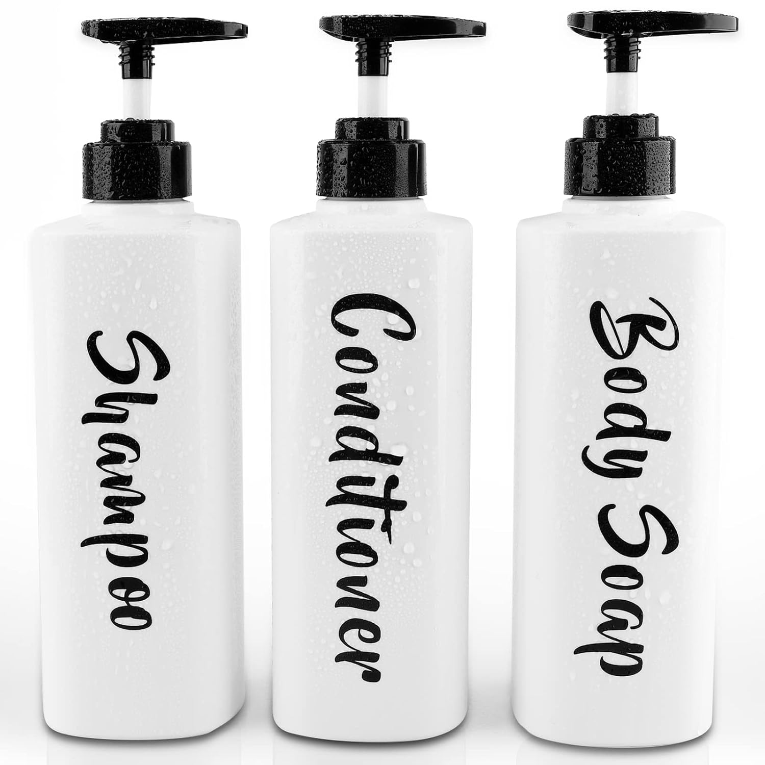 AUMIO 16 9oz Shampoo and Conditioner Dispenser Set of 3-Printed Shower Soap Dispenser Plastic Shampoo Bottles Refillable with