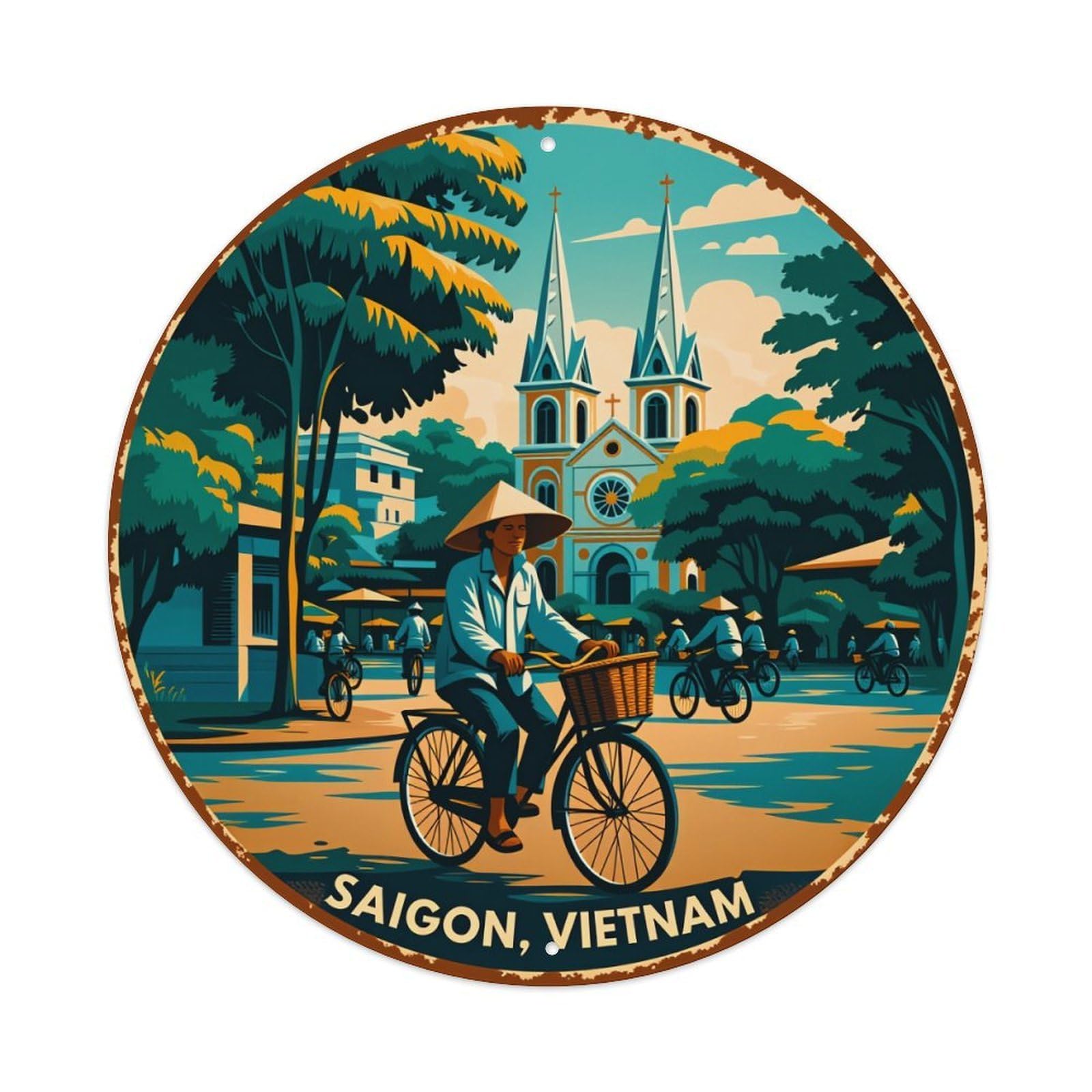 Saigon Church Bicycles Trees Sky Vintage Metal Tin Sign Retro Wall Decor for Home Bar Garage Cafe, Indoor & Outdoor Decorative，circle Metal Poster, 8x8 Inch