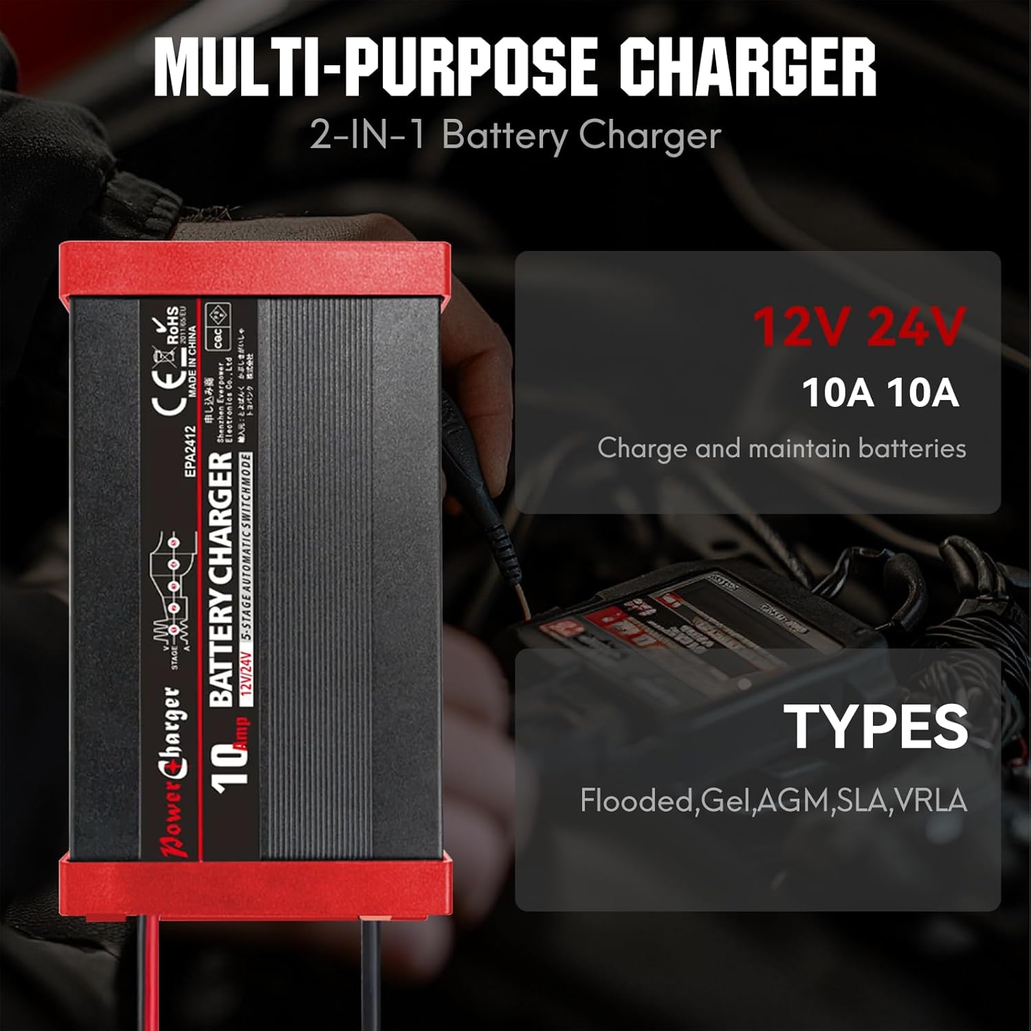 12V/24V 10A Smart Battery Charger, Automatic Battery Charger with Overcharge Protection,Battery Maintainer,LED Indicator&SAE Connector for SLA AGM Gel Wet Lead Acid deep Cycle Batteries