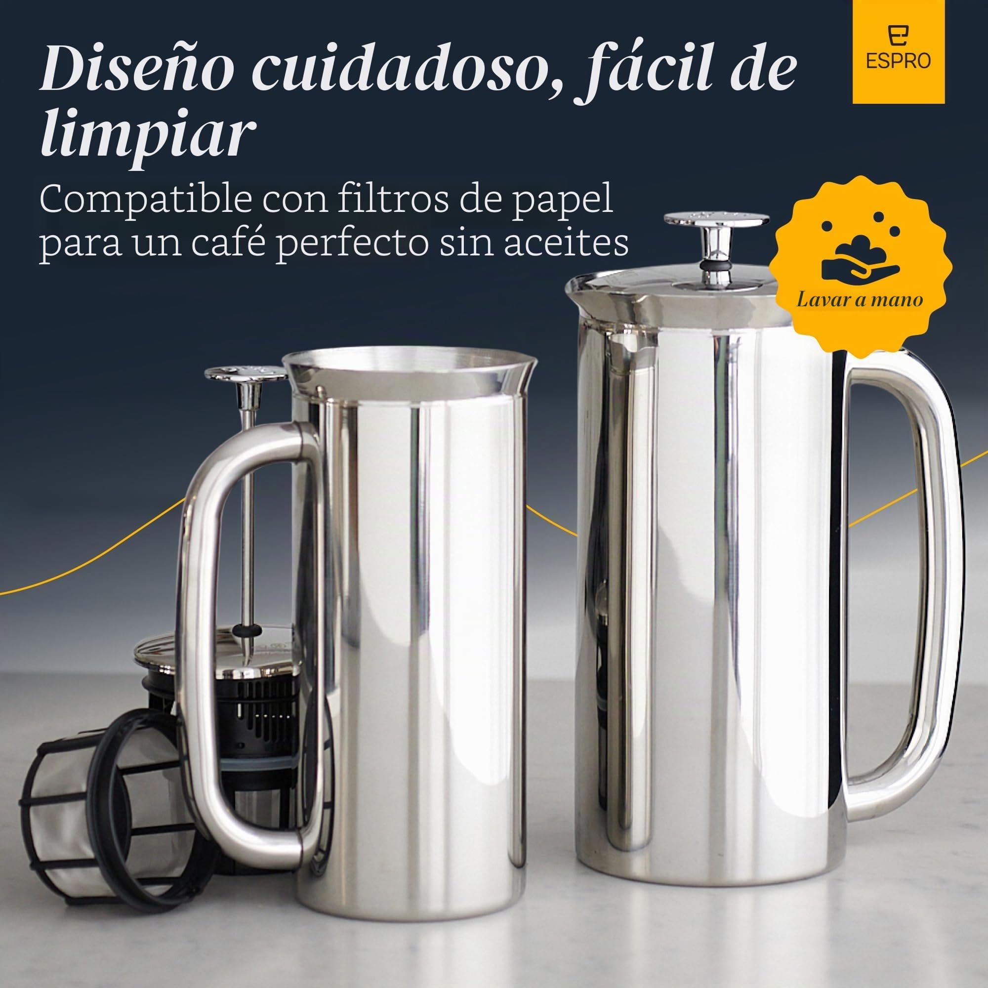 ESPRO P7 Cafetera de Embolo Acero Inoxidable, Doble Pared, 530 ml | Acero inoxidable con aislamiento al vacio, doble microfiltro patentado, cafe sin posos