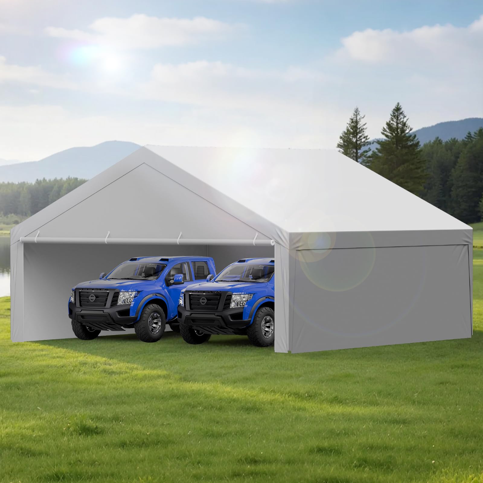 VEVOR Toile Rechange Carport, 6x6 m, Bâche Toit Abri Voiture, Couverture Tente Garage Portable, Résistante UV Imperméable, avec Parois Latérales, Cordons Élastiques à Billes, Gris, Cadre Non Inclus