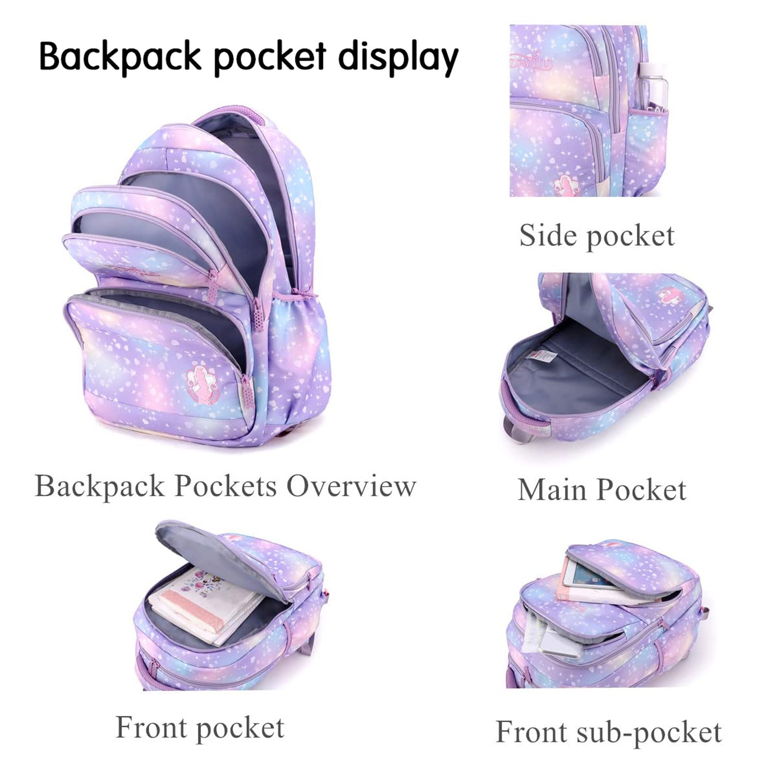Sac à dos à roulettes pour fille ,Cartable à Roulettes Primaire ,Poignée réglable ,Plusieurs poches avant ,Avec compartiment pour bouteille d'eau,Imperméable ,pour Quotidien et Voyage 6-12 Ans