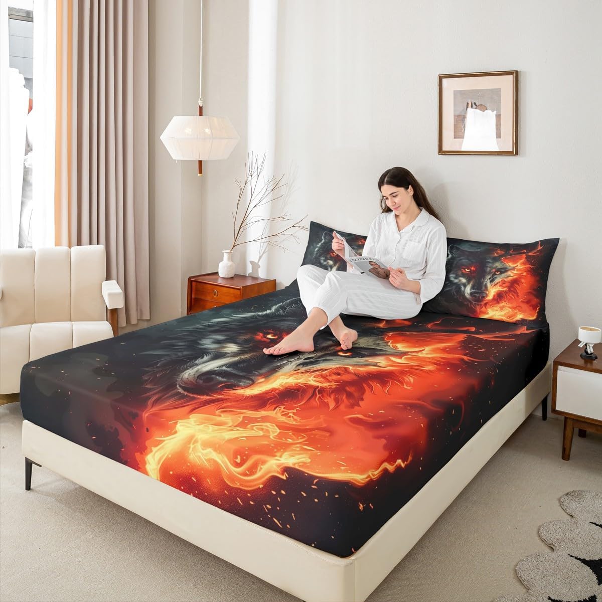 Gothic Wolf Fitted Sheet Full Size Abstract Hunting Elk Animal Bedding Set for Kids Boys Girls Teens 3D Burning Flame Bed Sheet Set Safari Wildlife Bed Cover Room Decor,No Top Sheet