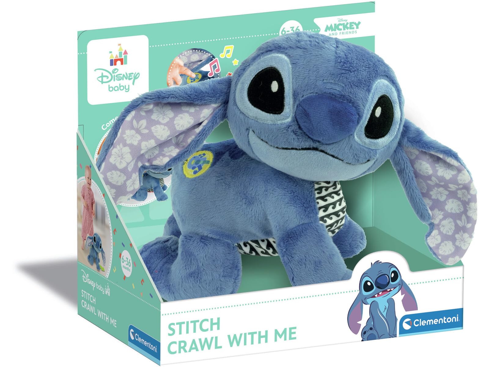 Clementoni Disney Baby Stitch Gattona avec moi Mickey en peluche pour apprendre à ramper, jeu de petite enfance enfants 6-36 mois, enseigne les numéros et les vers des animaux, langue italienne, 17537