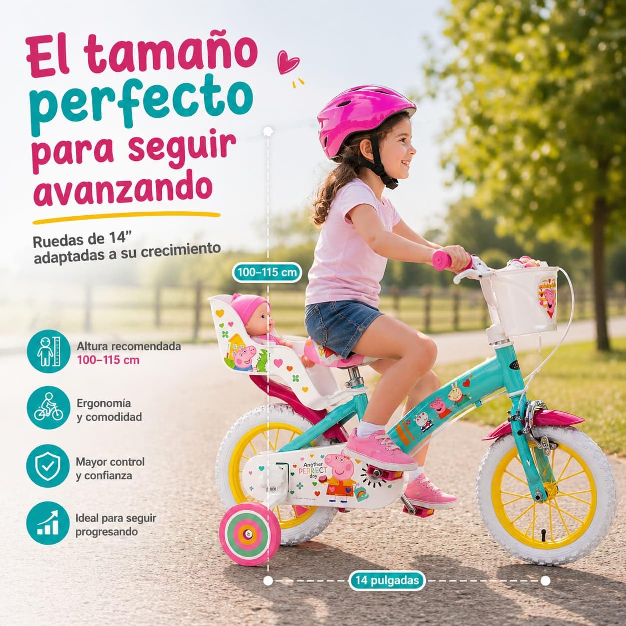 Kinderfahrrad Peppa Pig 12 Zoll mit Stützrädern Korb Puppensitz 3-5 Jahre