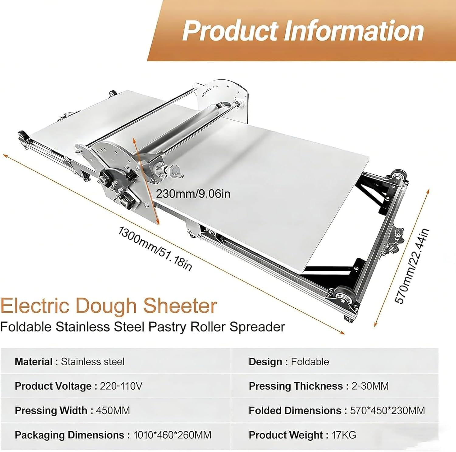 Laminadora de Masa de Acero Inoxidable,Rodillo eléctrico Plegable, diseño Compacto sobremesa, Grosor Ajustable 2 a 30 mm y prensado 450 mm de Ancho,para panaderías,Pizzas,Fondant