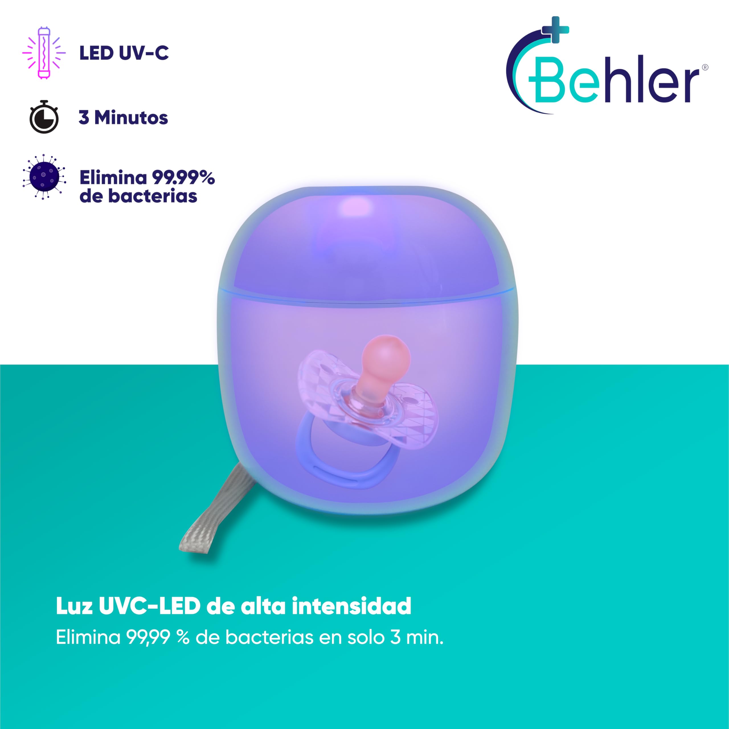 Sterilizzatore Ciuccio Portatile UVC-LED Behler – 99,99% Batteri Eliminati in 3 min, Box 8 cm Ricaricabile USB-C, Stand-by 180 gg, 2 LED, Laccio & Cavo Inclusi, ABS Sicuro per Neonati e Viaggio