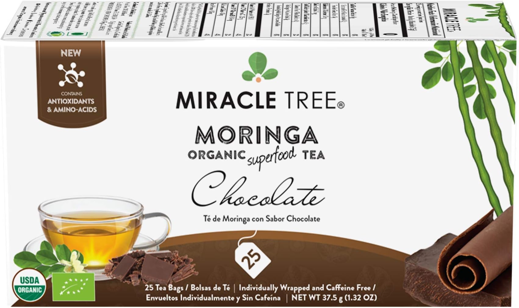 Miracle Tree - Organic Moringa Superfood Tea, 25 Individually Sealed Tea Bags, Chocolate (Keto, Detox, Energy & Immunity Booster, Vegan, Gluten-Free, Organic, Non-GMO, Caffeine-Free)