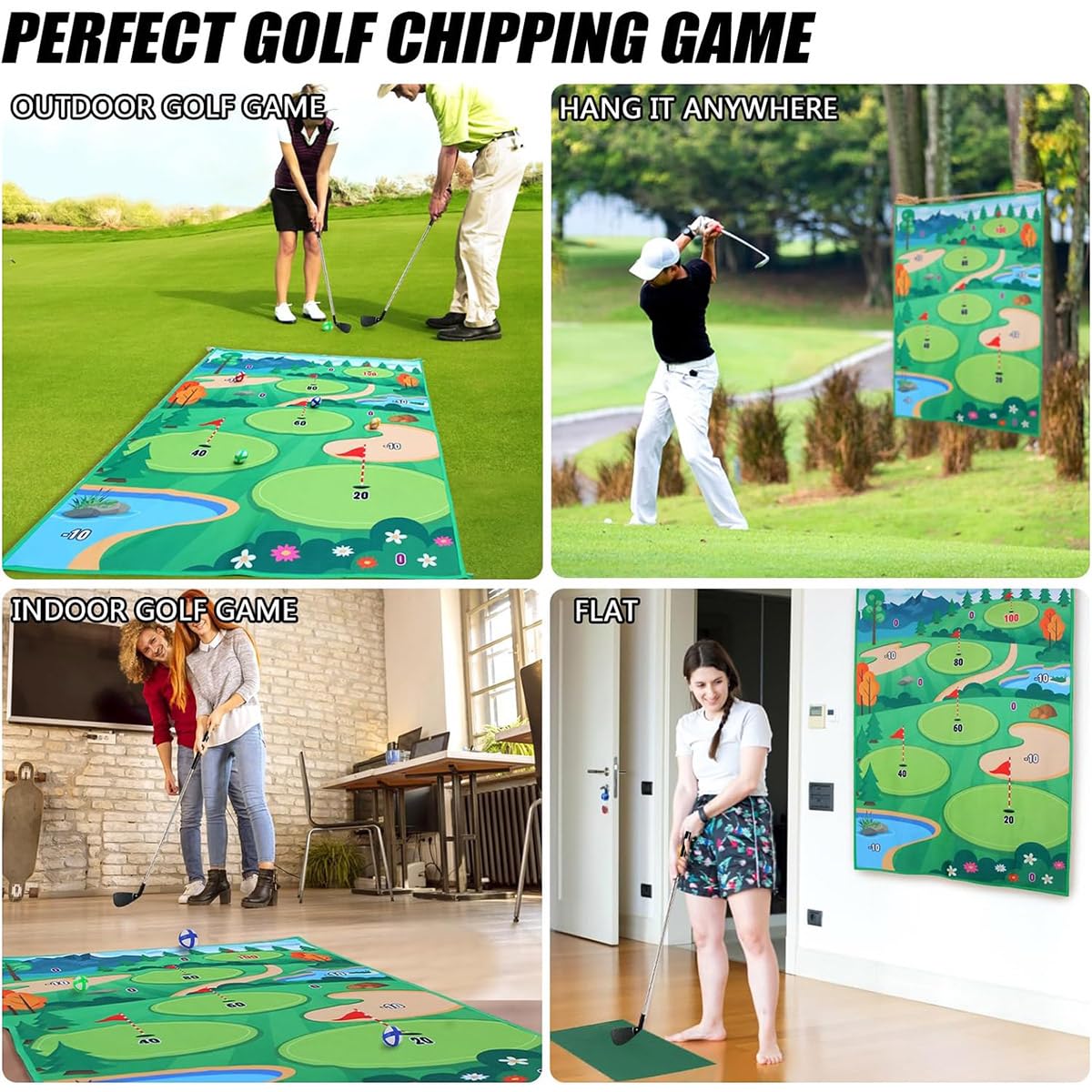 Golf Teing Game with 2 Clubs, 70 x 70 Inch Practice Mat Indoor Outdoor for Children Adults Family, with 20 Balls and 1 Score Board Golf Set