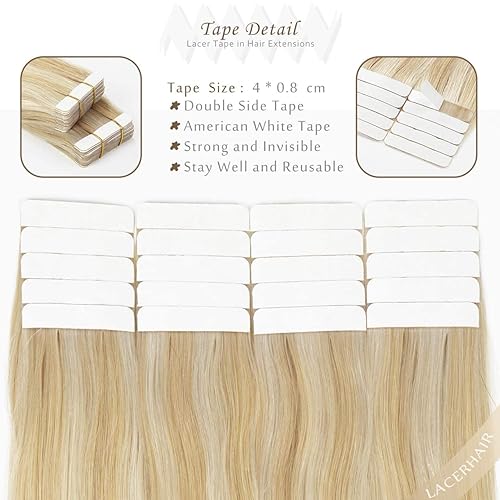 Miniatura 3 de Lacer Extensiones adhesivas de cabello humano de 18 pulgadas, color rubio ceniza oscuro, mezclado con rubio platino claro, 100% rubio natural, cinta