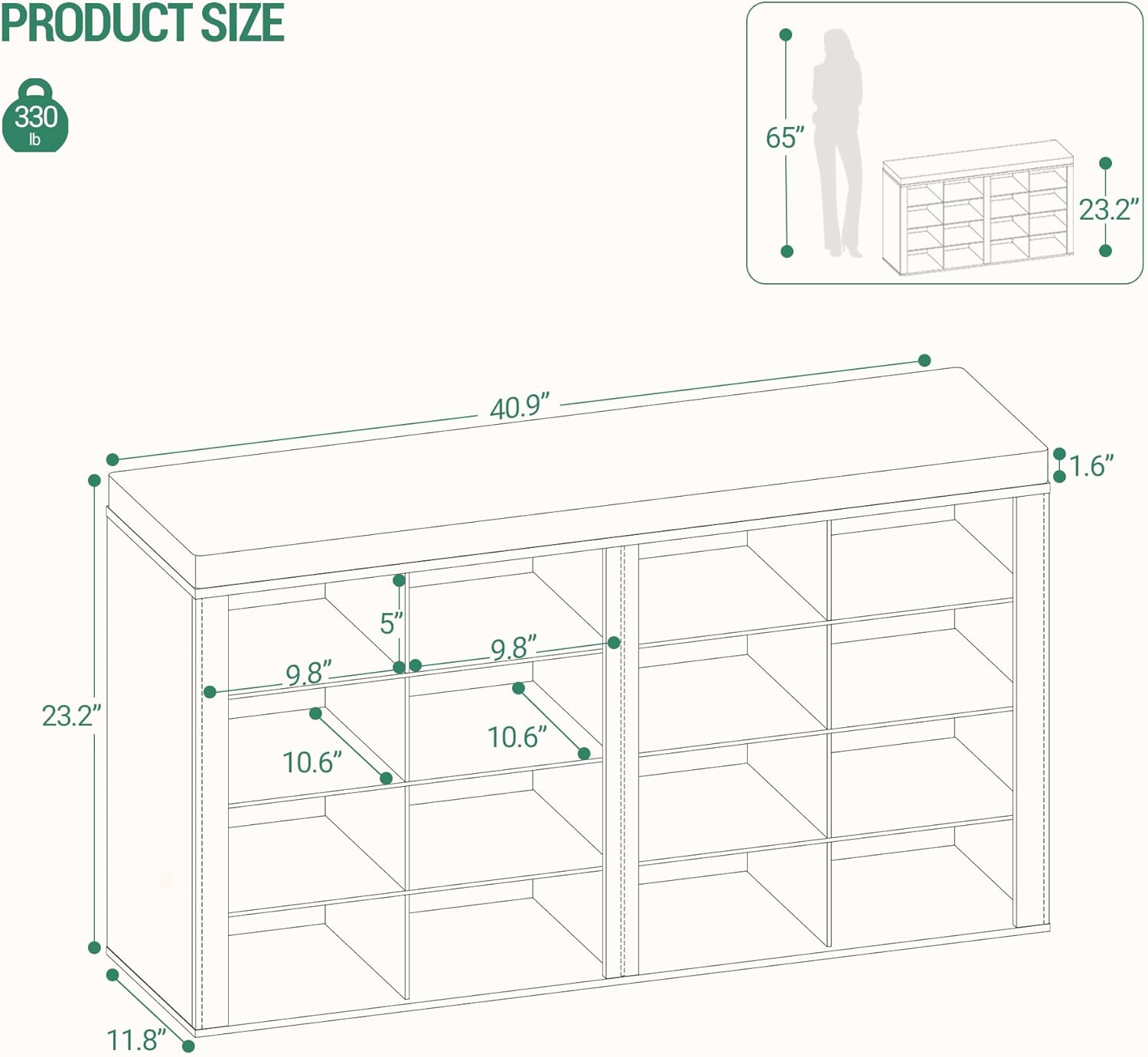 Shoe Bench with Cushion, Entryway Storage Bench with 16 Cubbies, Cubby Shoe Rack with Adjustable Shelves, Shoe Organizer Cabinet for Living Room, Bedroom, Entryway, White SB25603GY