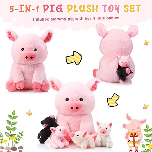 Vista 4 de 5 animales de peluche de cerdo, 12 pulgadas de peluche grande de mamá con 4 bebés pequeños en el vientre de la madre, regalos para madres, niños