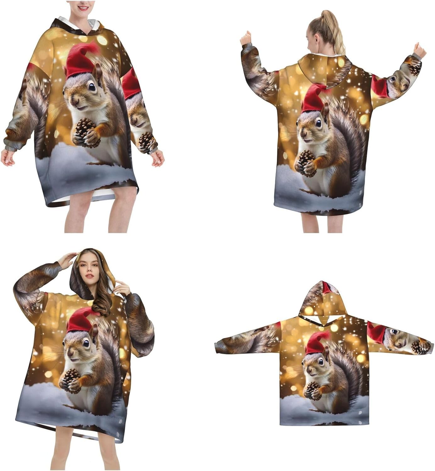 MUSM Christmas Squirrel Print Blanket Hoodie Fleece Sweatshirt Blanket With Sleeves And Pockets