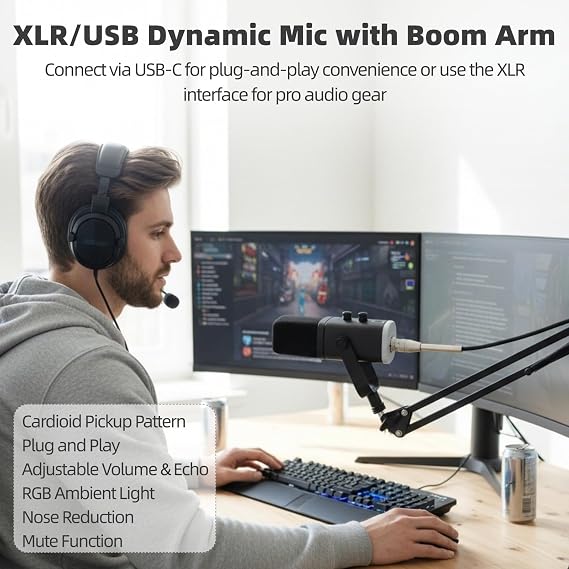 OMISTAR Dynamic Streaming USB Microphone for PC, Wireless Gaming Microphone with Boom Arm, Gaming Mic with RGB Light, Noise Reduction, Volume & Echo Knobs (100W-Boom Arm)