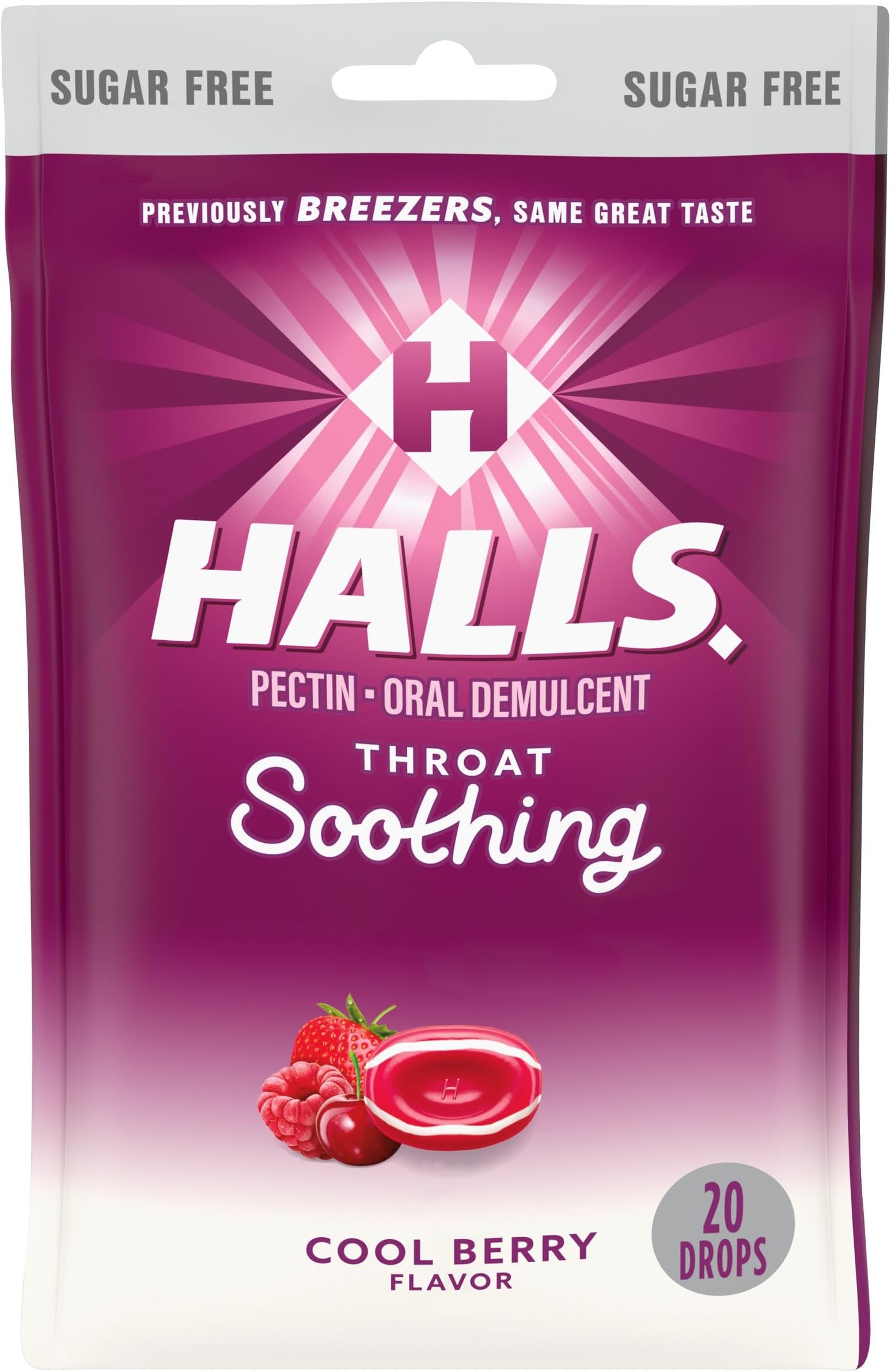 HALLS Throat Soothing (Previously HALLS Breezers) Cool Berry Sugar Free Throat Drops, 20 Drops