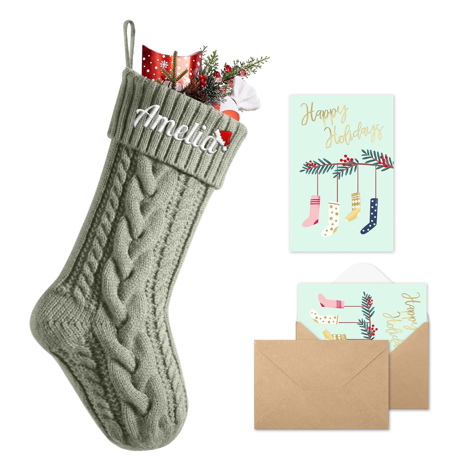 bolukets Personalised Christmas Stockings with Christmas Cards, Custom Embroidered Name Monogram 18" Large Knit Christmas Stocking for Family Bean Green
